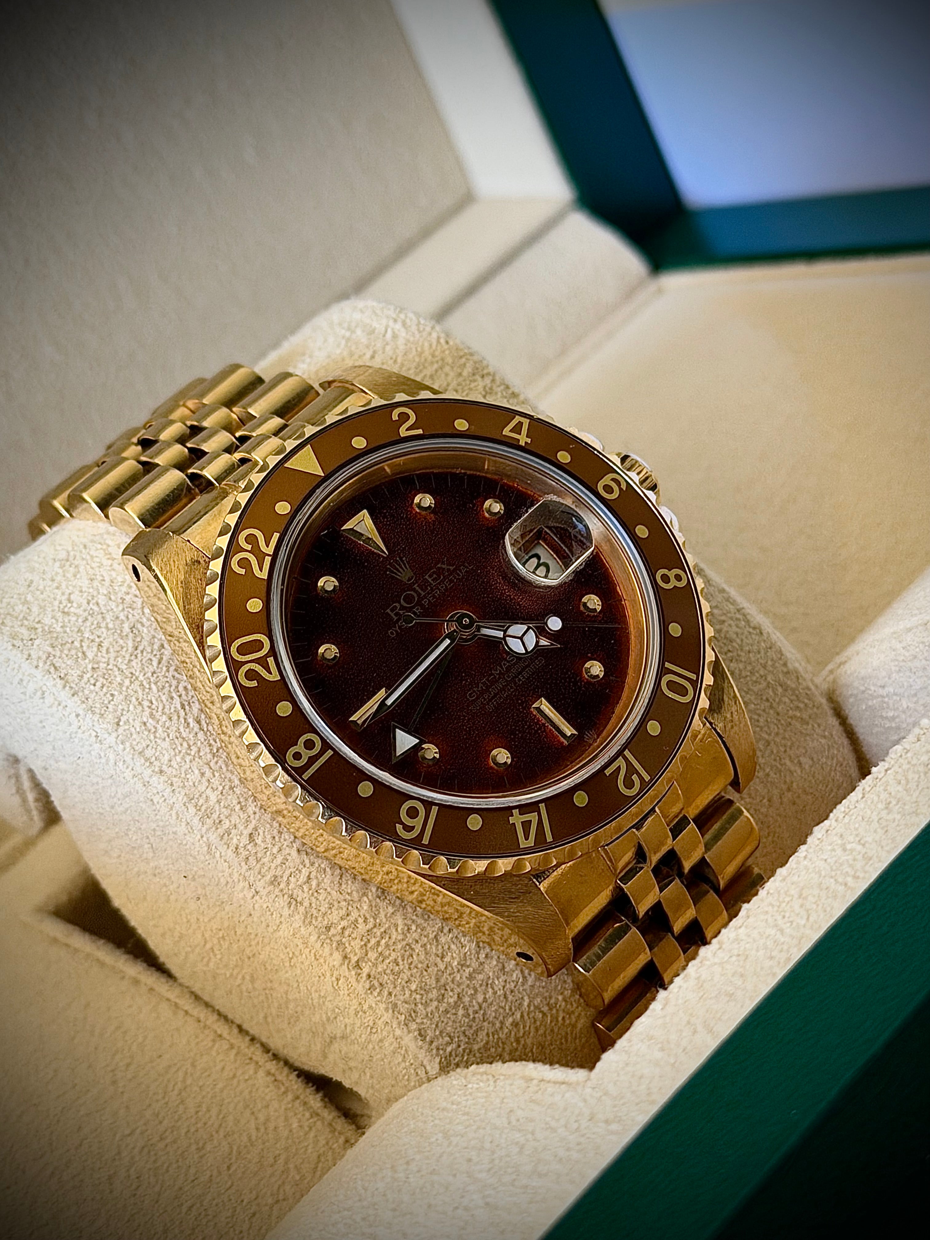 1987 ROLEX GMT-MASTER, 16758, TROPICAL BROWN “LAVA” NIPPLE DIAL, ONE-OWNER FULL SET, INC GST