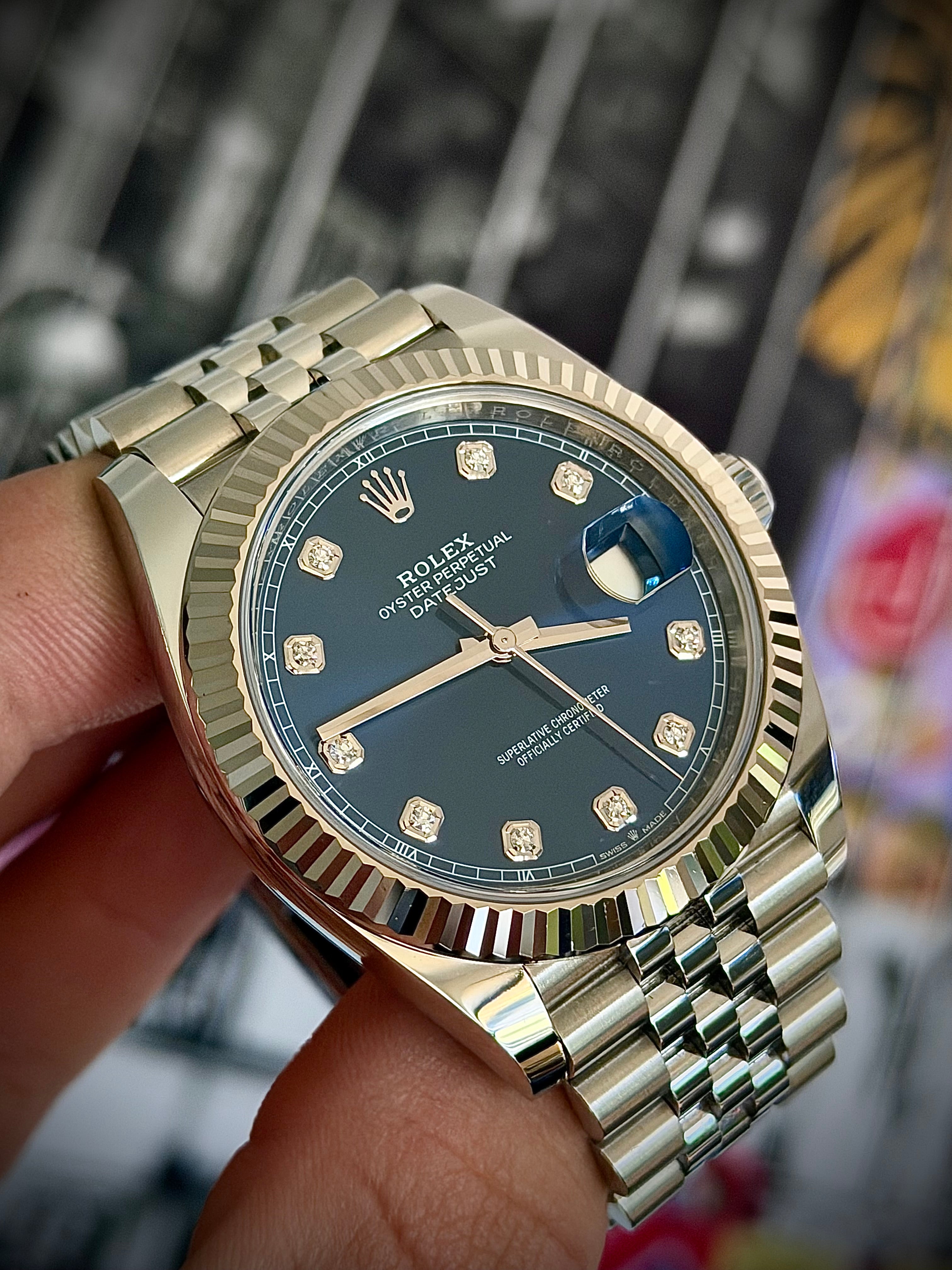 2023 ROLEX DATEJUST 41, FLUTED BEZEL, JUBILEE BRACELET, BLUE DIAMOND DIAL, FULL SET, INC GST