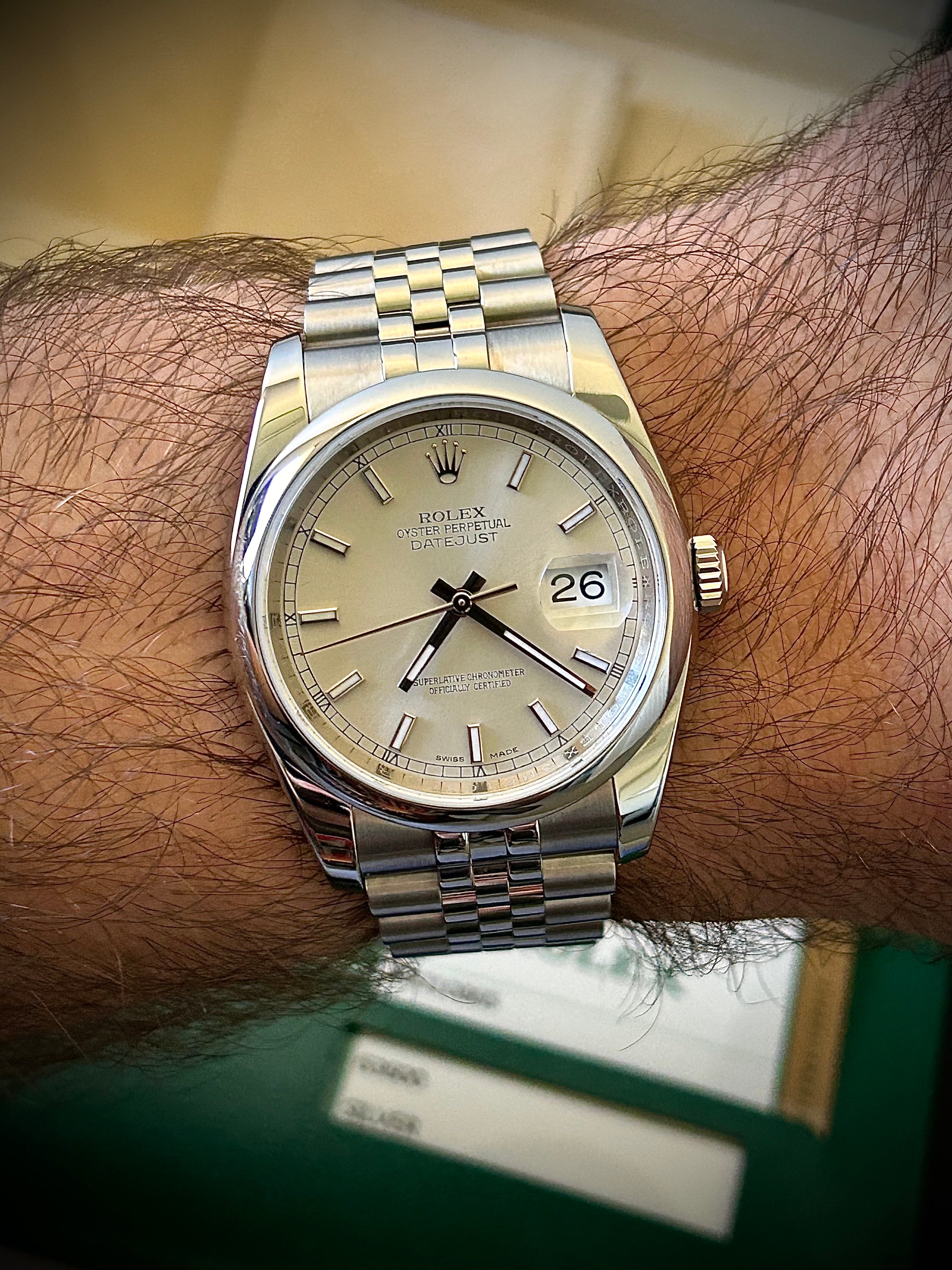 2015 ROLEX DATE JUST 36, SUPER JUBILEE, 116200, BOX AND PAPERS, INC GST