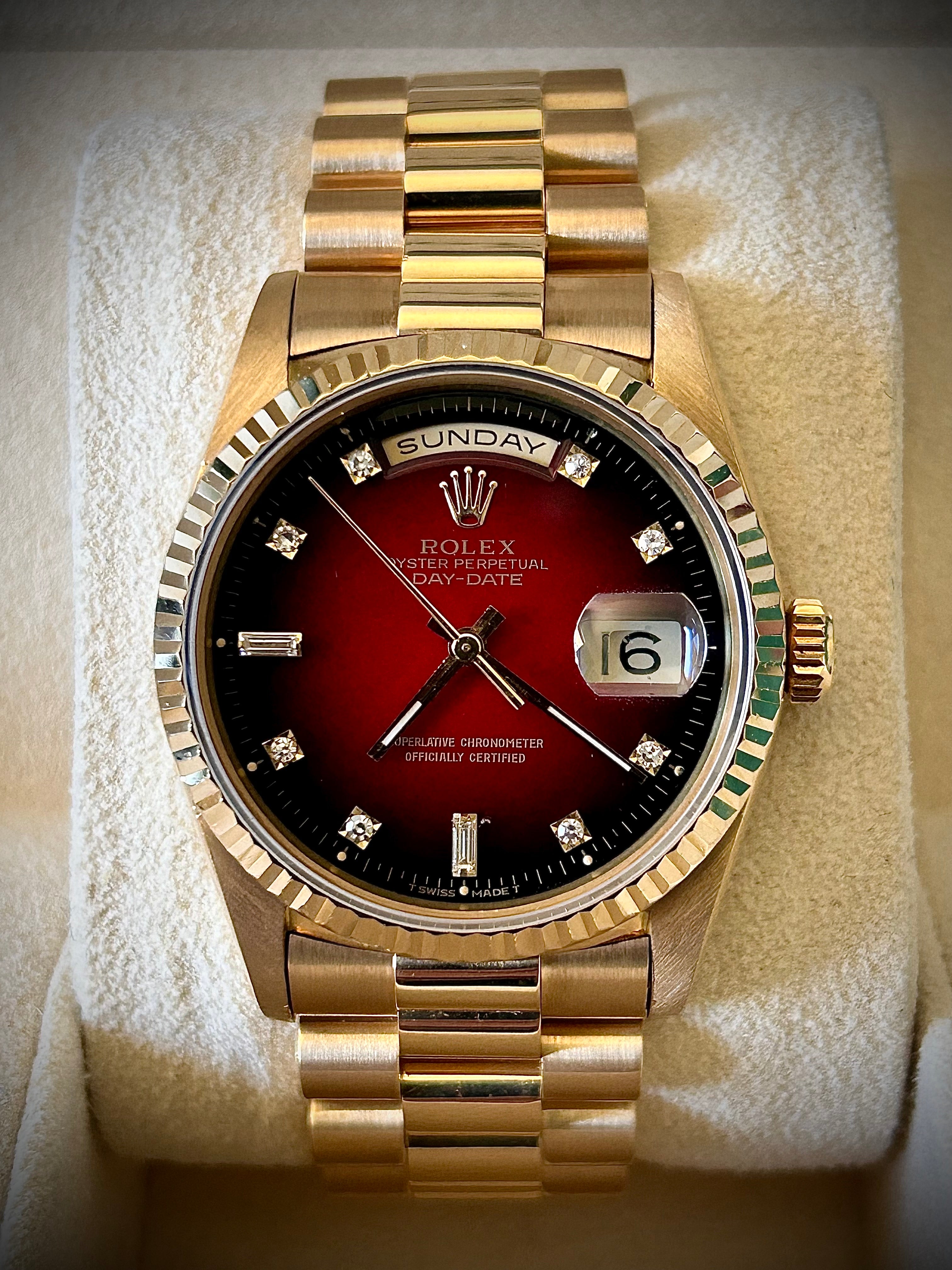 1988 ROLEX DAY-DATE, 18238, DOUBLE QUICK SET, RARE DIAMOND VIGNETTE DIAL, WATCH AND BOX, INC GST