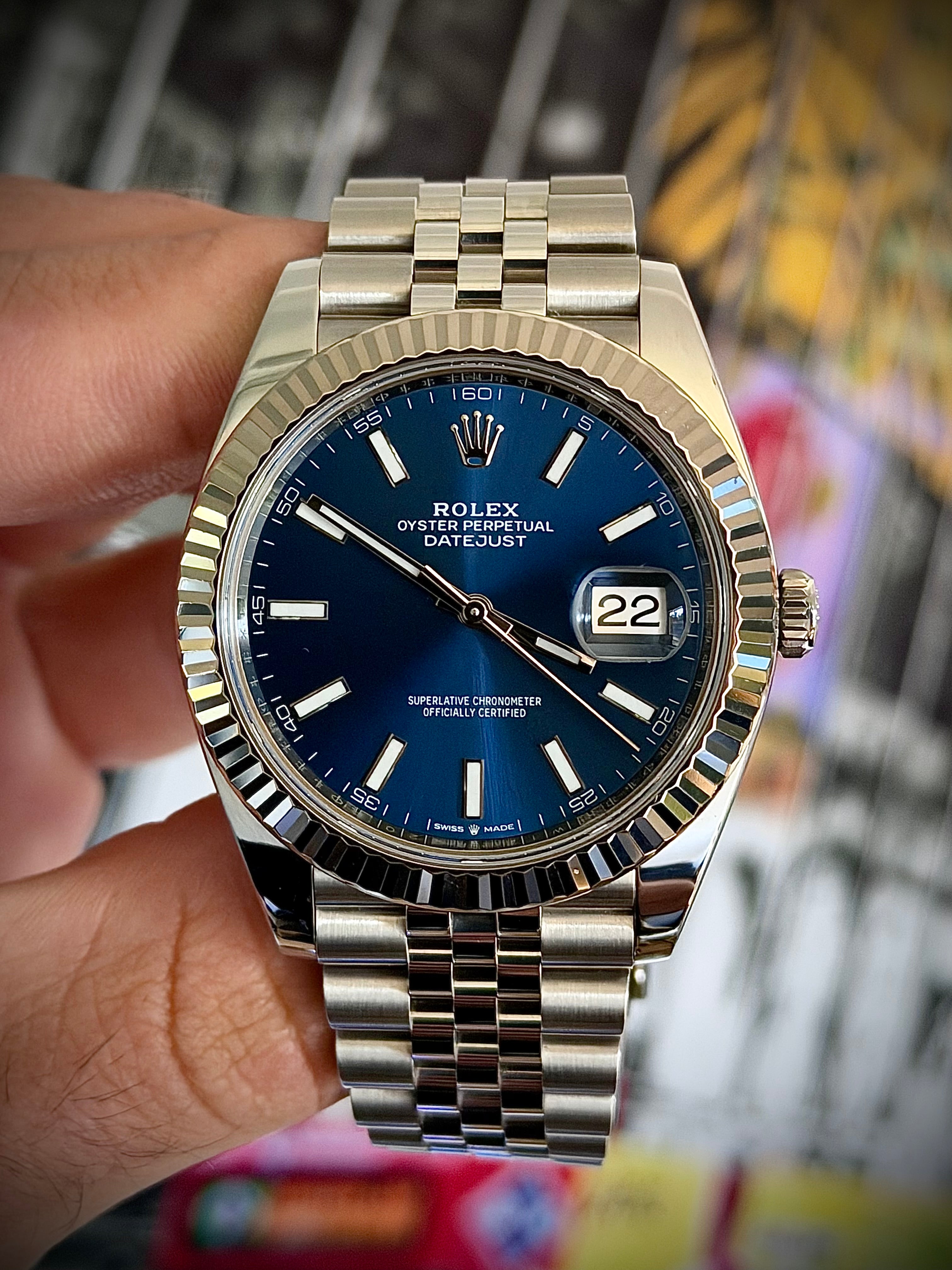 2019 ROLEX DATEJUST 41, BLUE DIAL, FLUTED BEZEL, JUBILEE BRACELET, ORIGINAL INVOICE, 2025 RSC SERVICE, FULL SET, INC GST