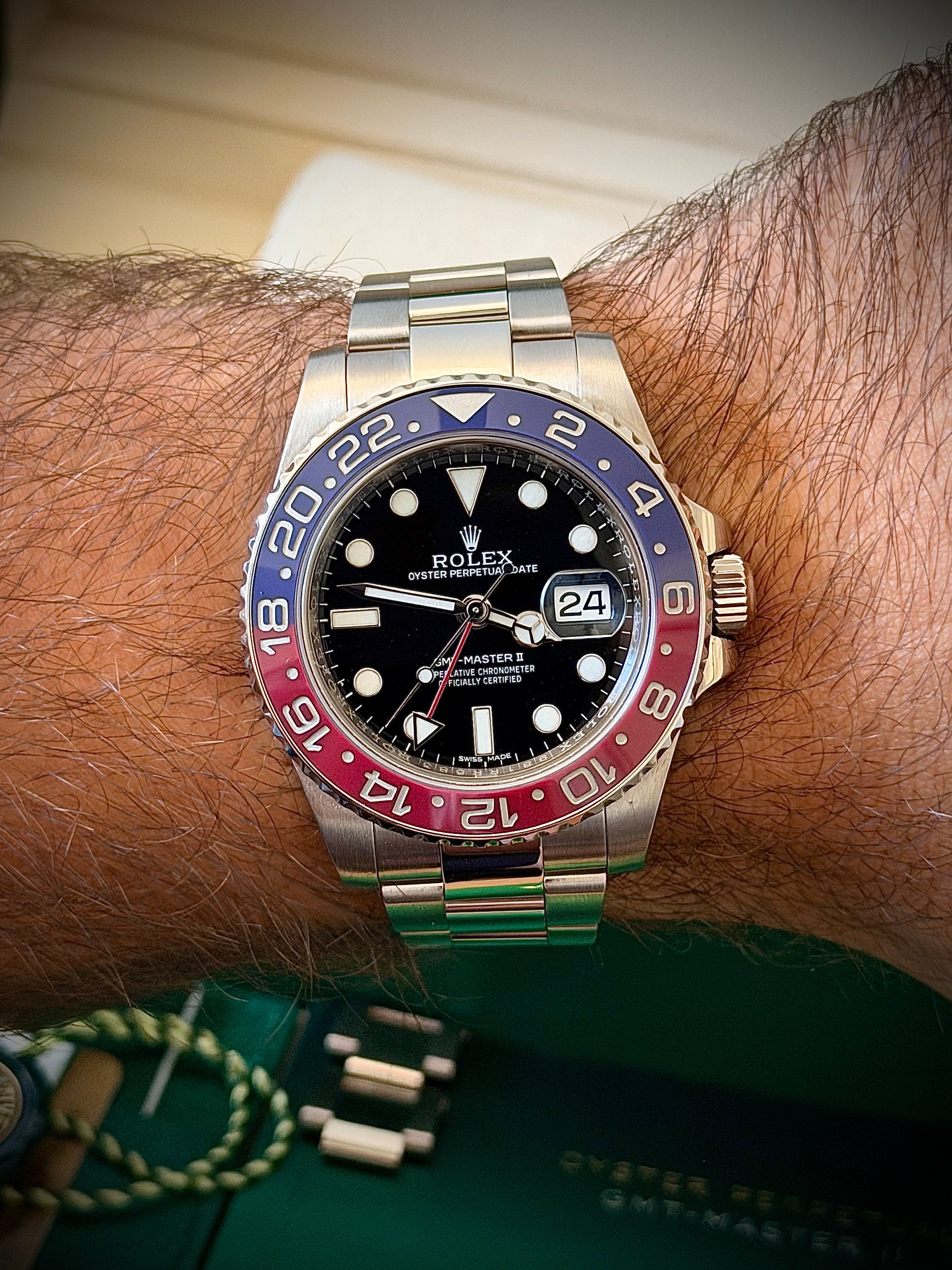 2017 ROLEX GMT MASTER II, PEPSI, WHITE GOLD, BLACK DIAL, 116719BLRO, FULL SET, INC GST