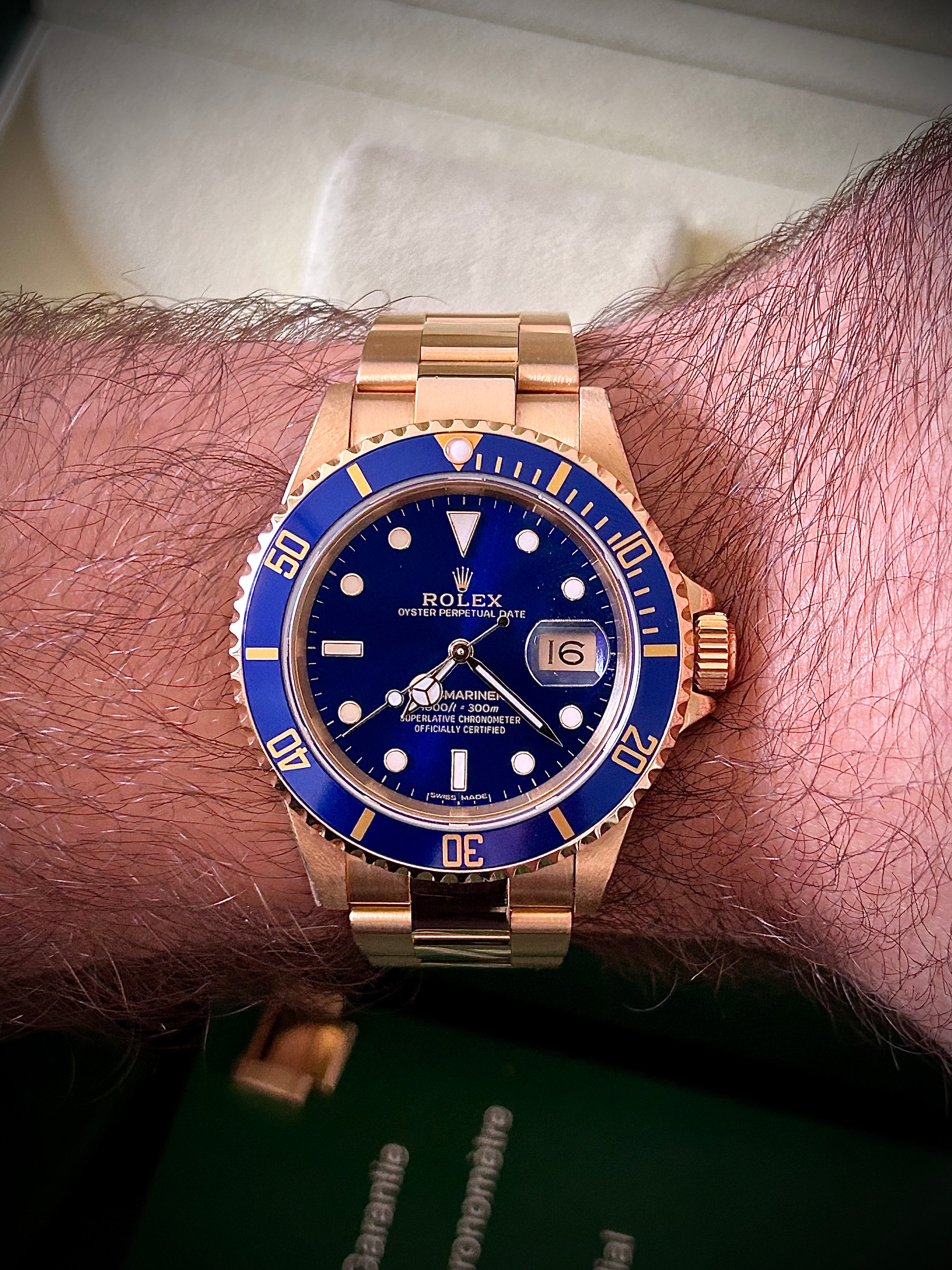 1991 ROLEX SUBMARINER DATE “BLUESY”, FULL GOLD, 16618LB, BOX AND RSC, INC GST