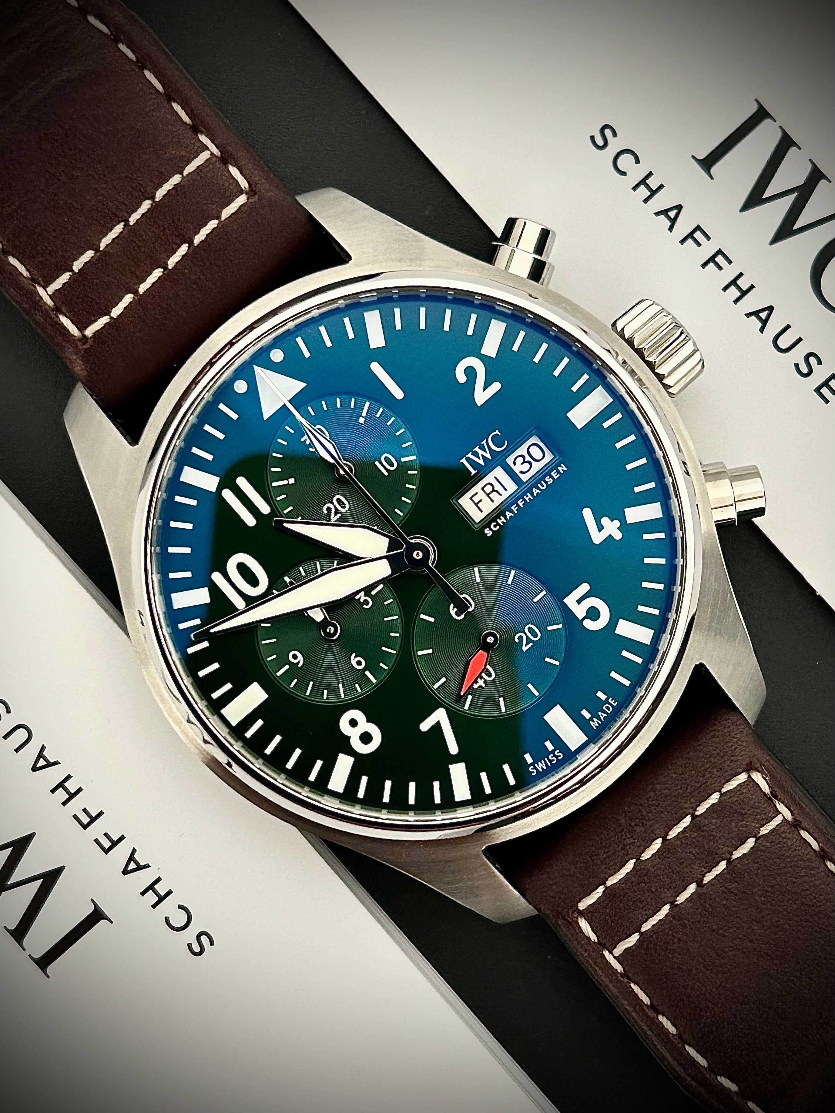 2023 IWC PILOTS WATCH CHRONOGRAPH, GREEN DIAL, IW388103, FULL SET, INC GST