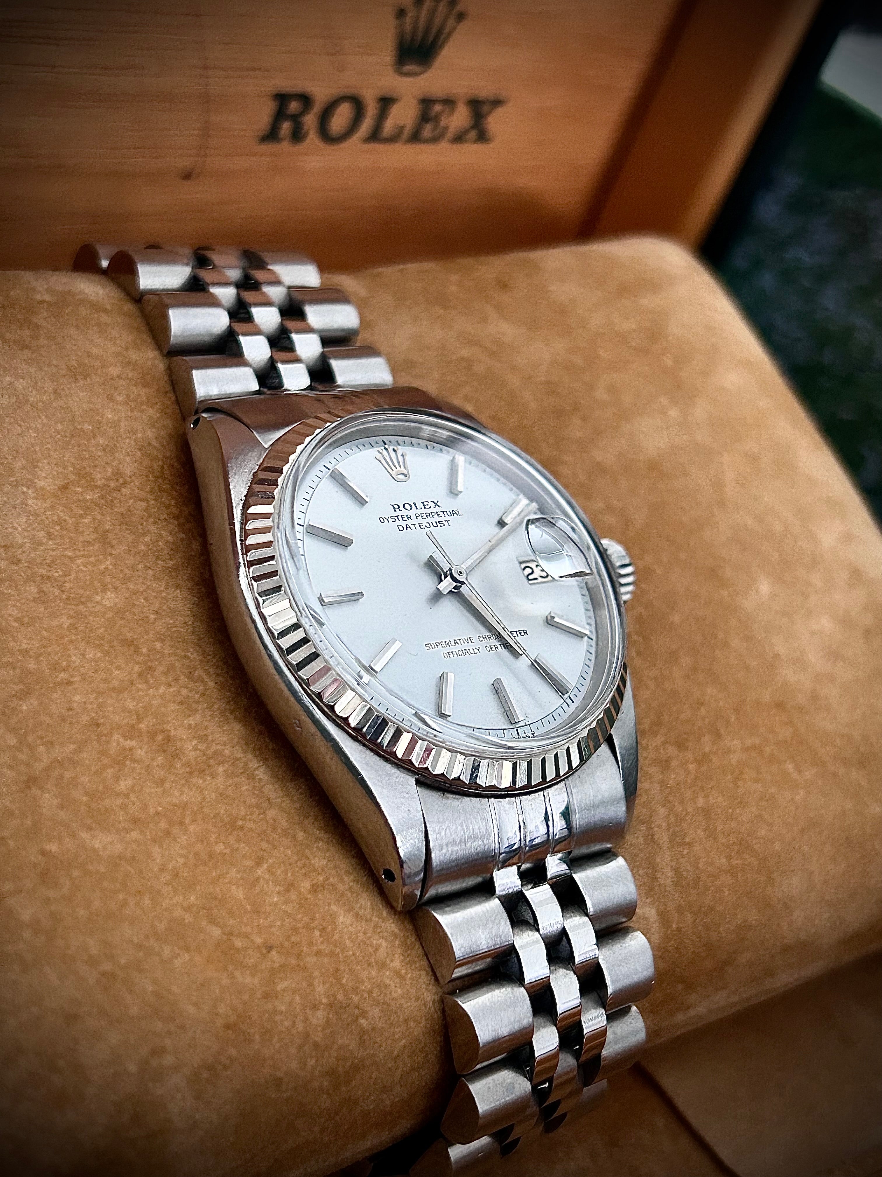 1970s ROLEX DATEJUST 36 “No Lume Pie Pan”, 1601, WATCH AND BOX