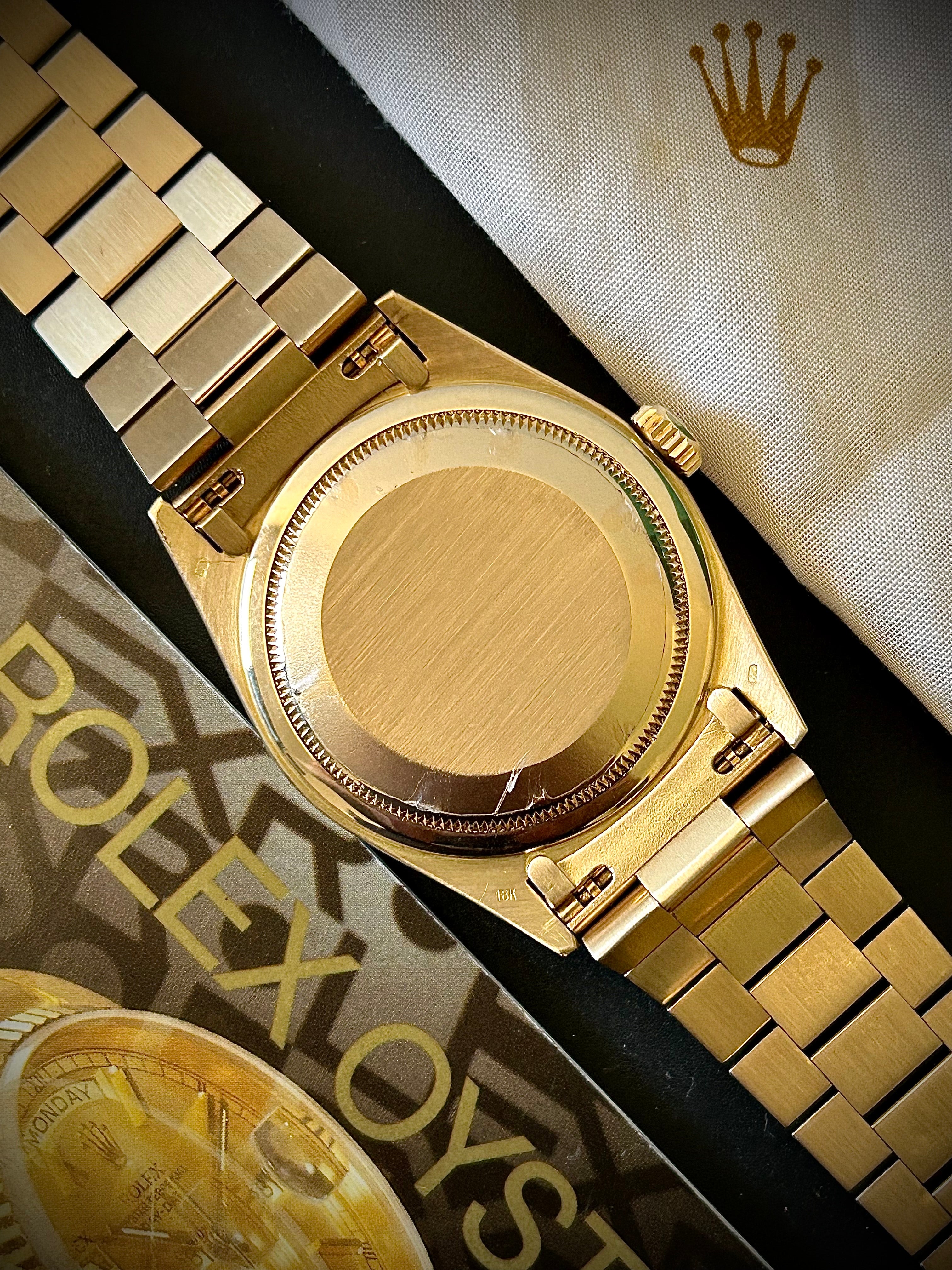 1988 ROLEX DAY-DATE, 18238, DOUBLE QUICK SET, RARE DIAMOND VIGNETTE DIAL, WATCH AND BOX, INC GST