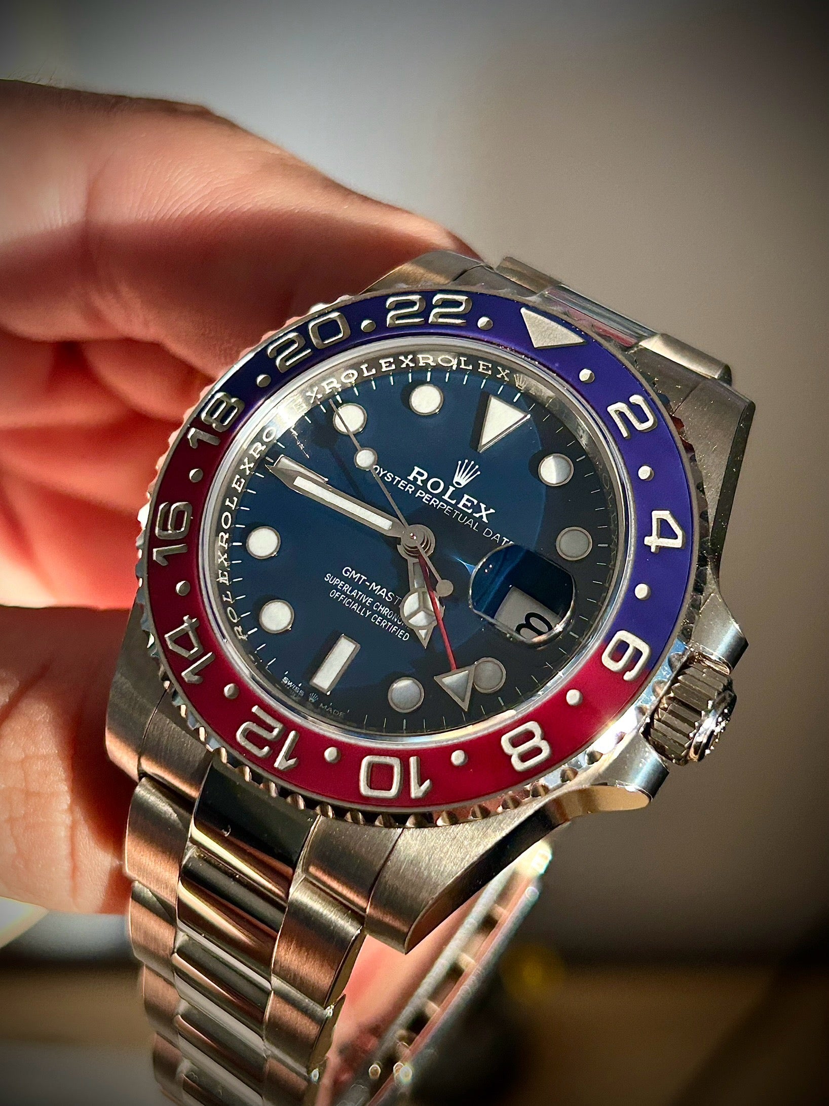2019 ROLEX GMT MASTER II, PEPSI, WHITE GOLD, BLUE DIAL, 126719BLRO, FULL SET, INC GST
