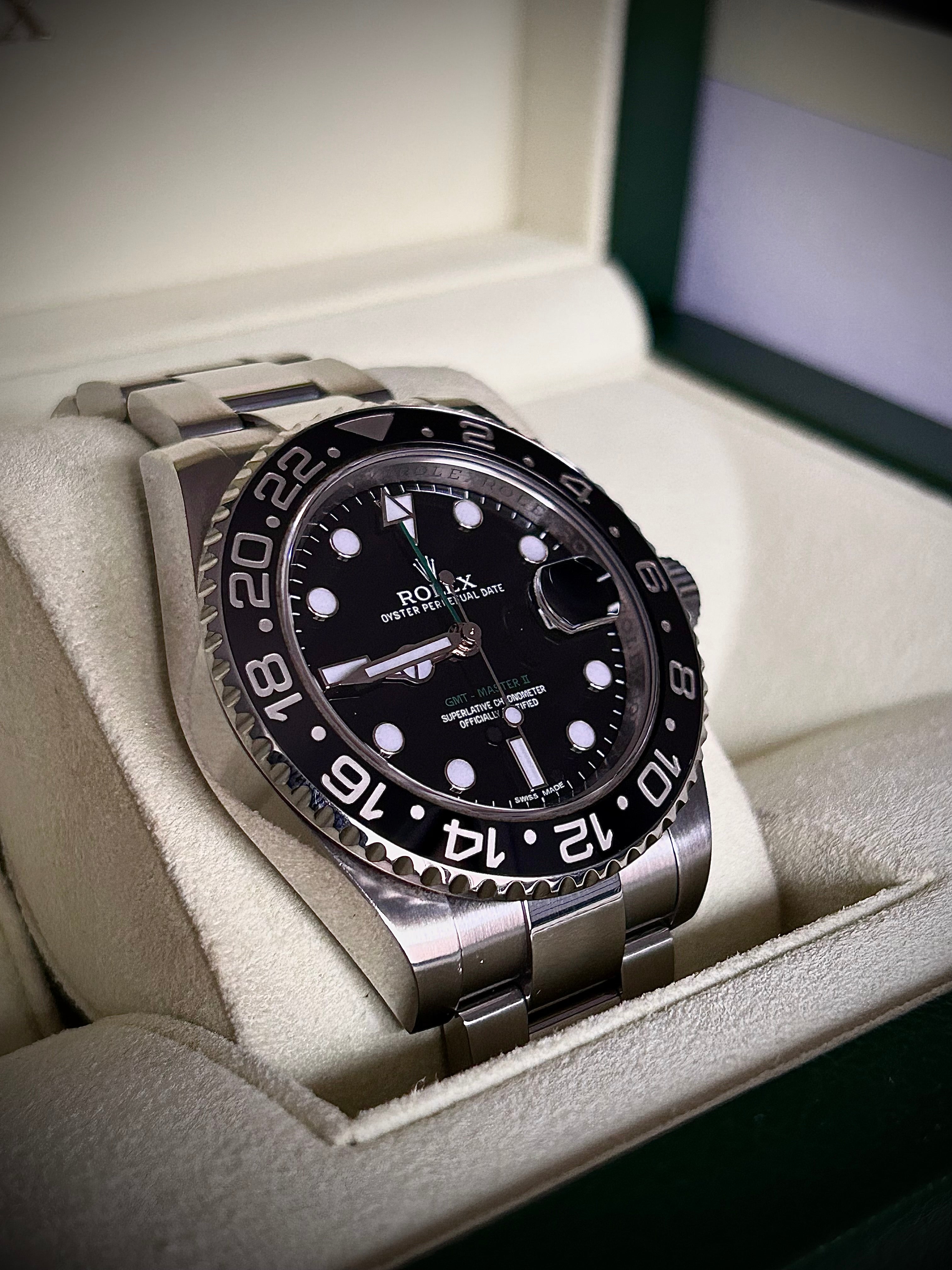 2012 ROLEX GMT MASTER II, RSC SERVICE, 116710LN, FULL SET, INC GST