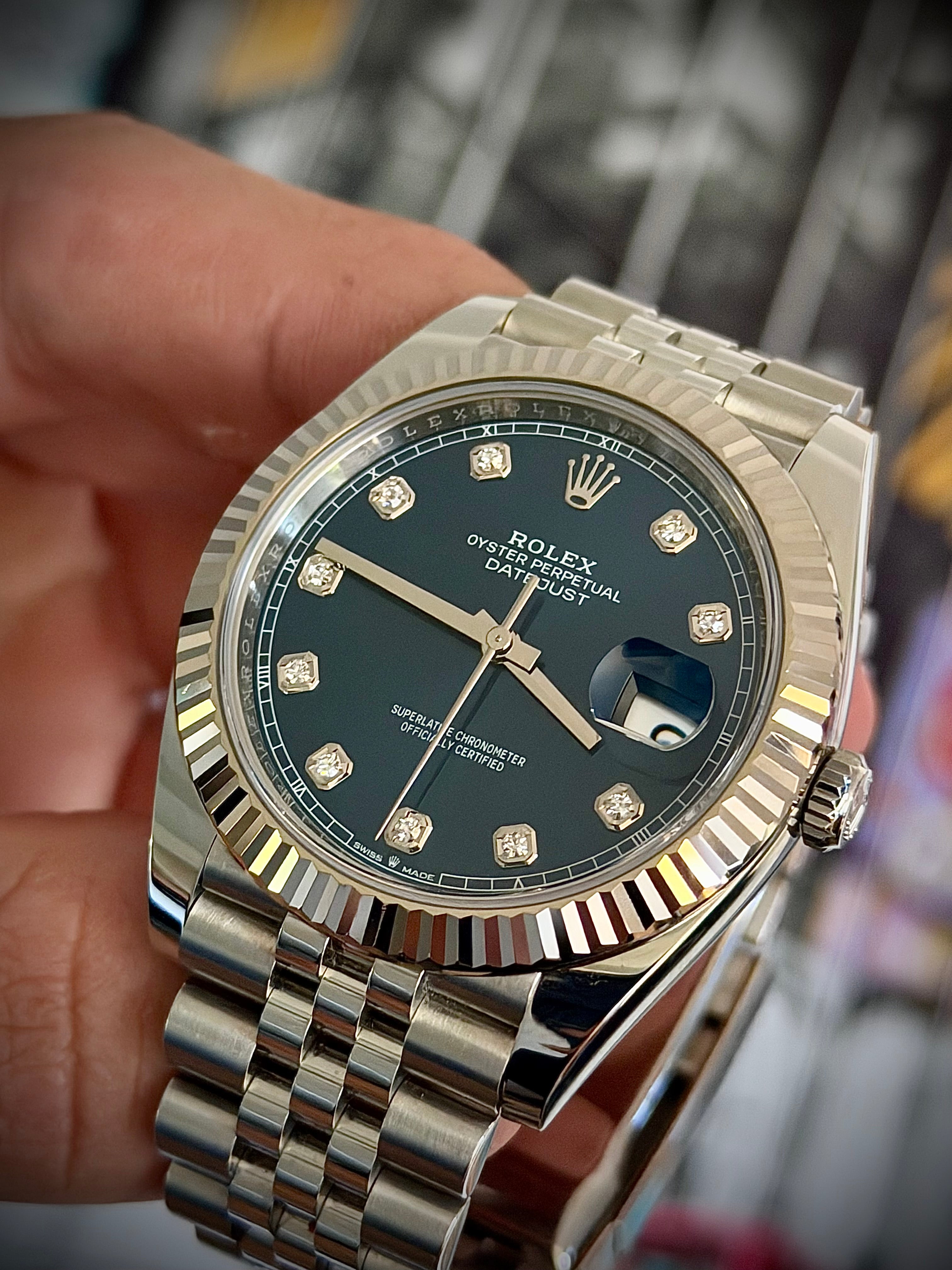 2023 ROLEX DATEJUST 41, FLUTED BEZEL, JUBILEE BRACELET, BLUE DIAMOND DIAL, FULL SET, INC GST