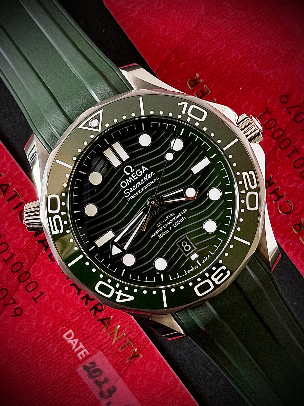 2023 OMEGA SEAMASTER DIVER 300M, 210.32.42.20.10.001, GREEN DIAL, RUBBER STRAP, BOX AND CARDS, INC GST