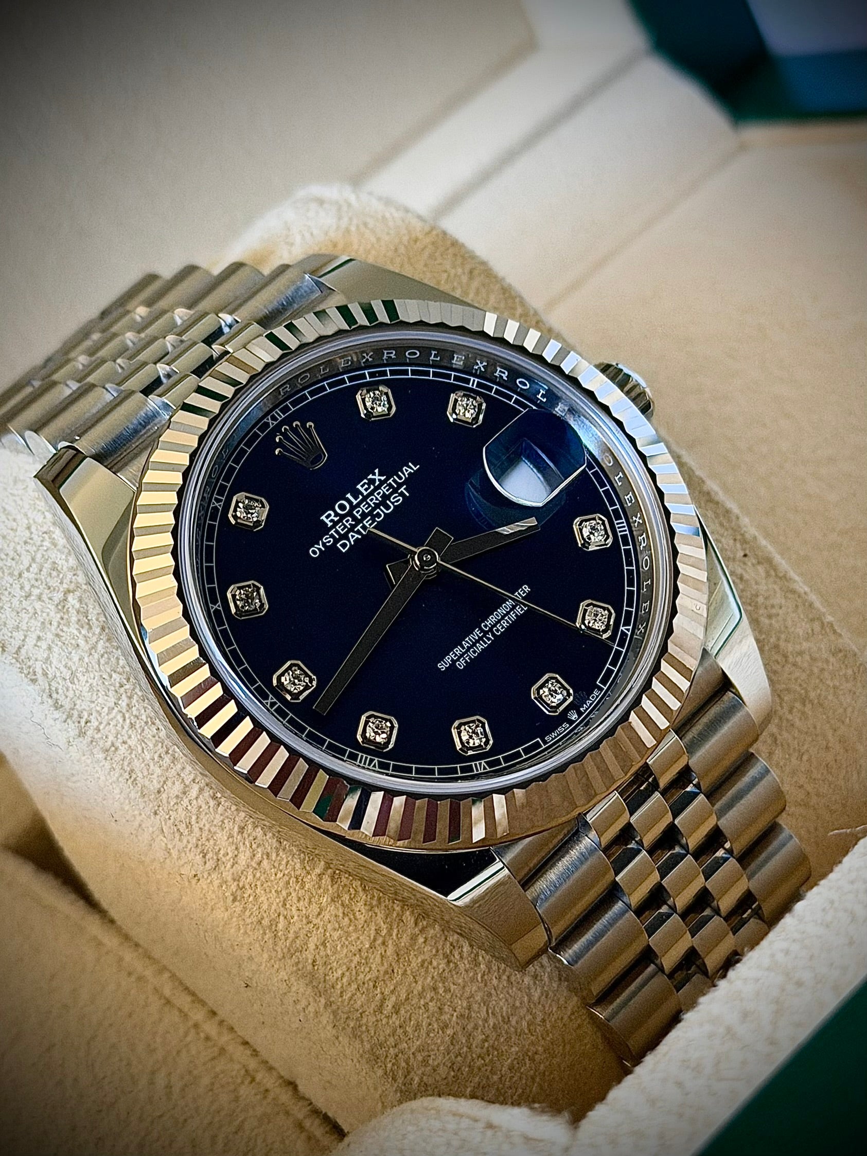 2023 ROLEX DATEJUST 41, FLUTED BEZEL, JUBILEE BRACELET, BLUE DIAMOND DIAL, FULL SET, INC GST