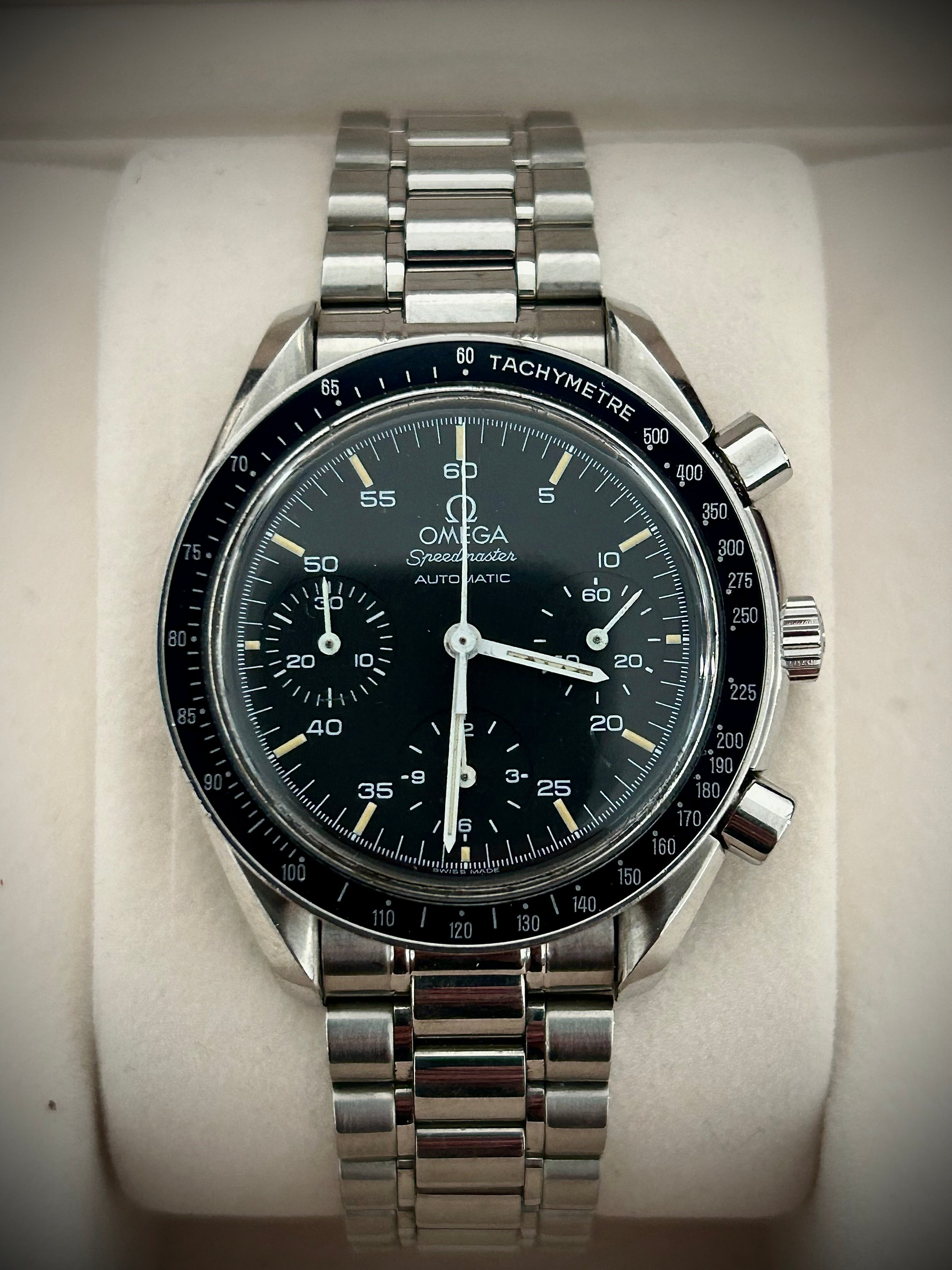 1996 OMEGA SPEEDMASTER REDUCED, WITH BOX, INC GST