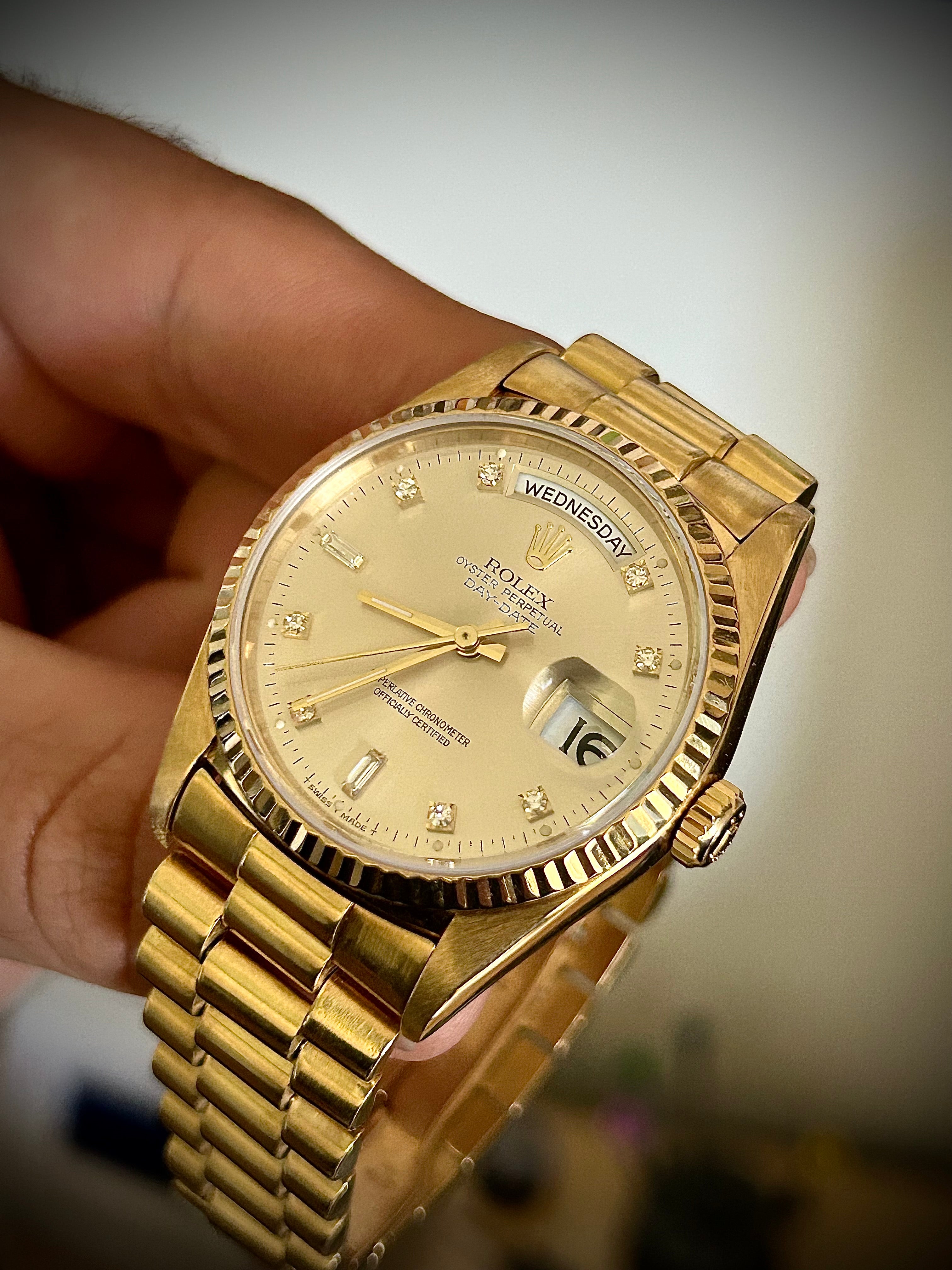 1990 ROLEX DAY-DATE, 18238, 2X RSC AND DIAMOND BEZEL, INC GST