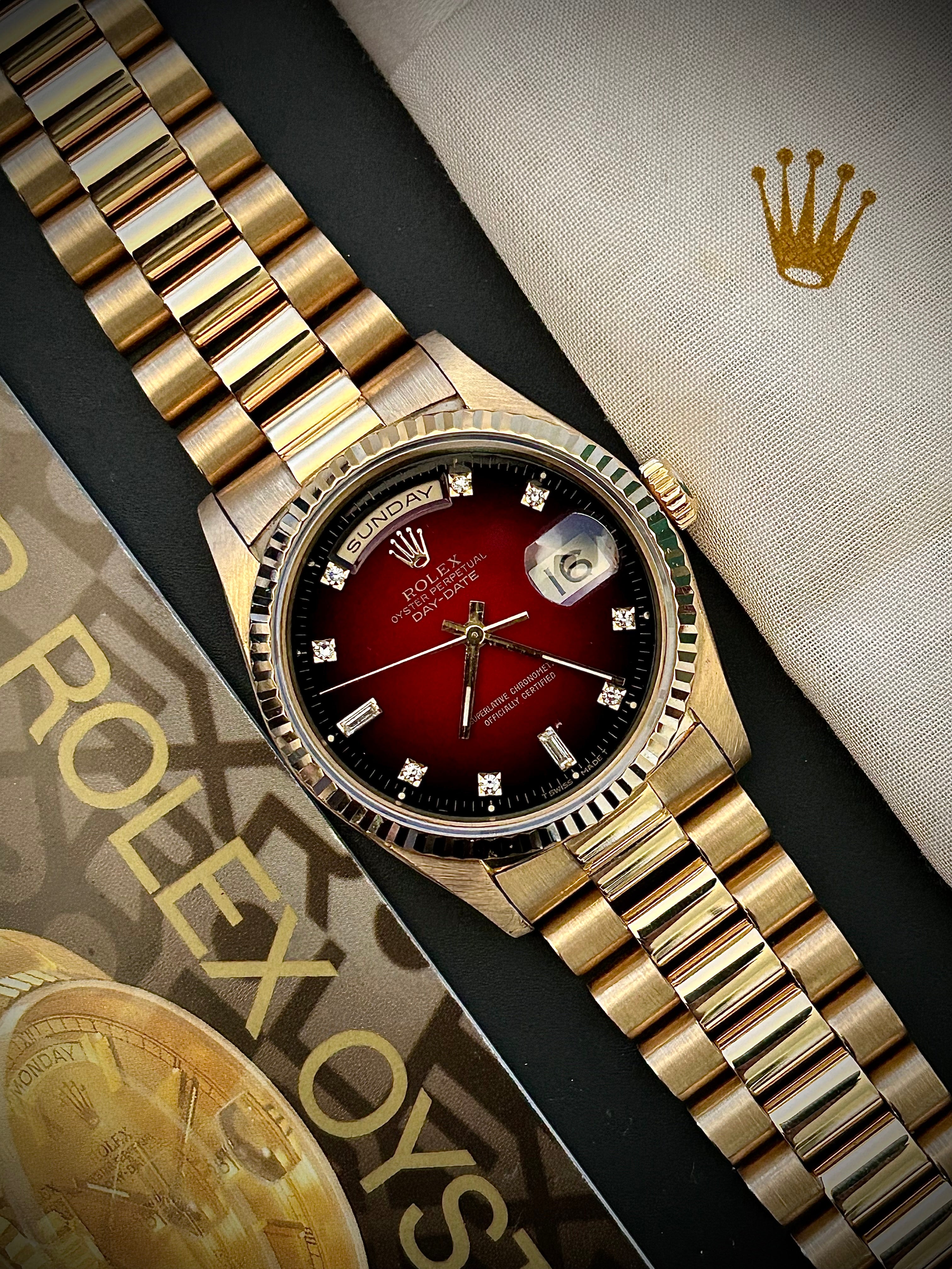 1988 ROLEX DAY-DATE, 18238, DOUBLE QUICK SET, RARE DIAMOND VIGNETTE DIAL, WATCH AND BOX, INC GST