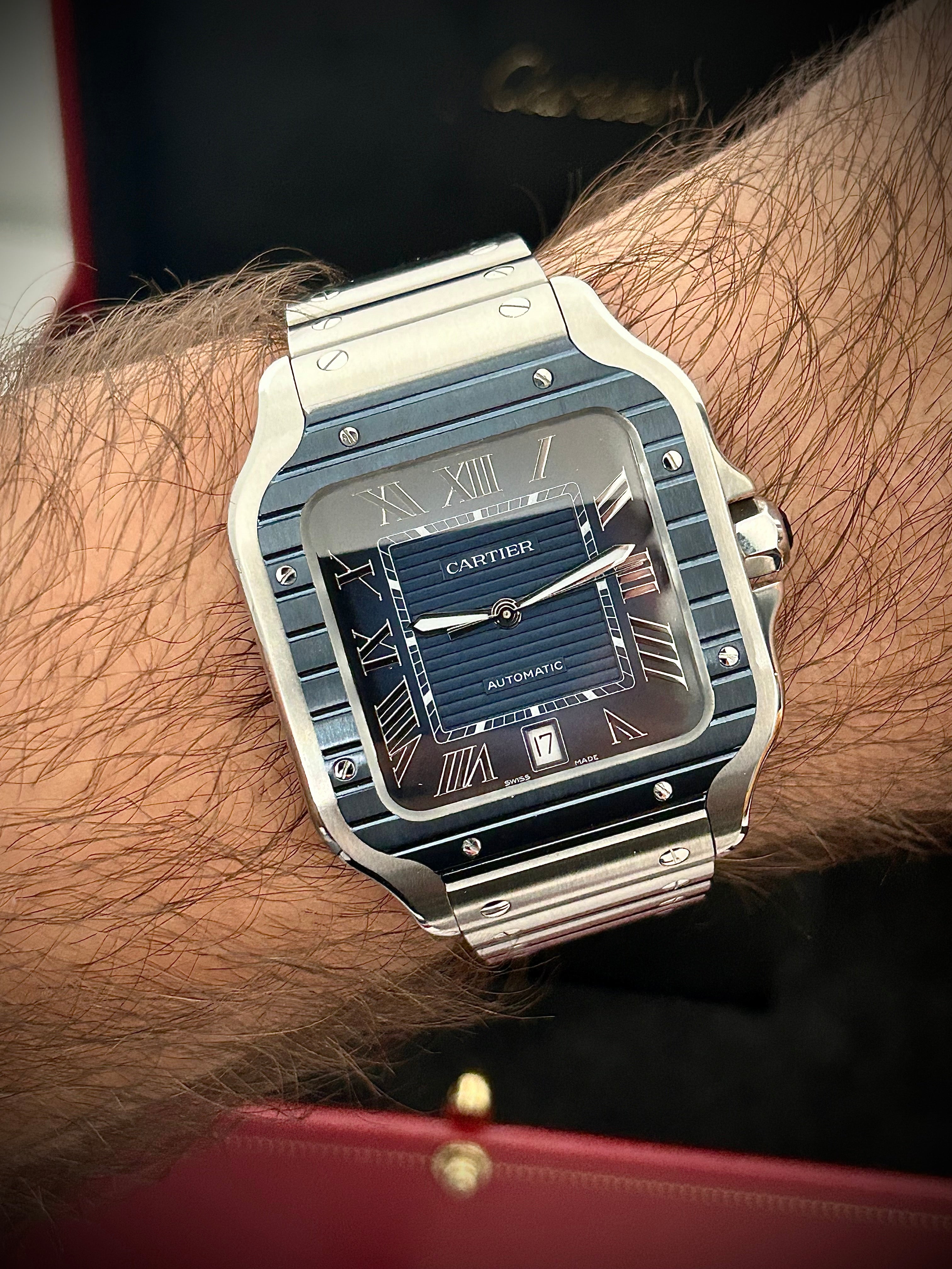 2024 CARTIER SANTOS DE CARTIER LARGE, BLUE PVD, WSSA0048, FULL SET, INC GST