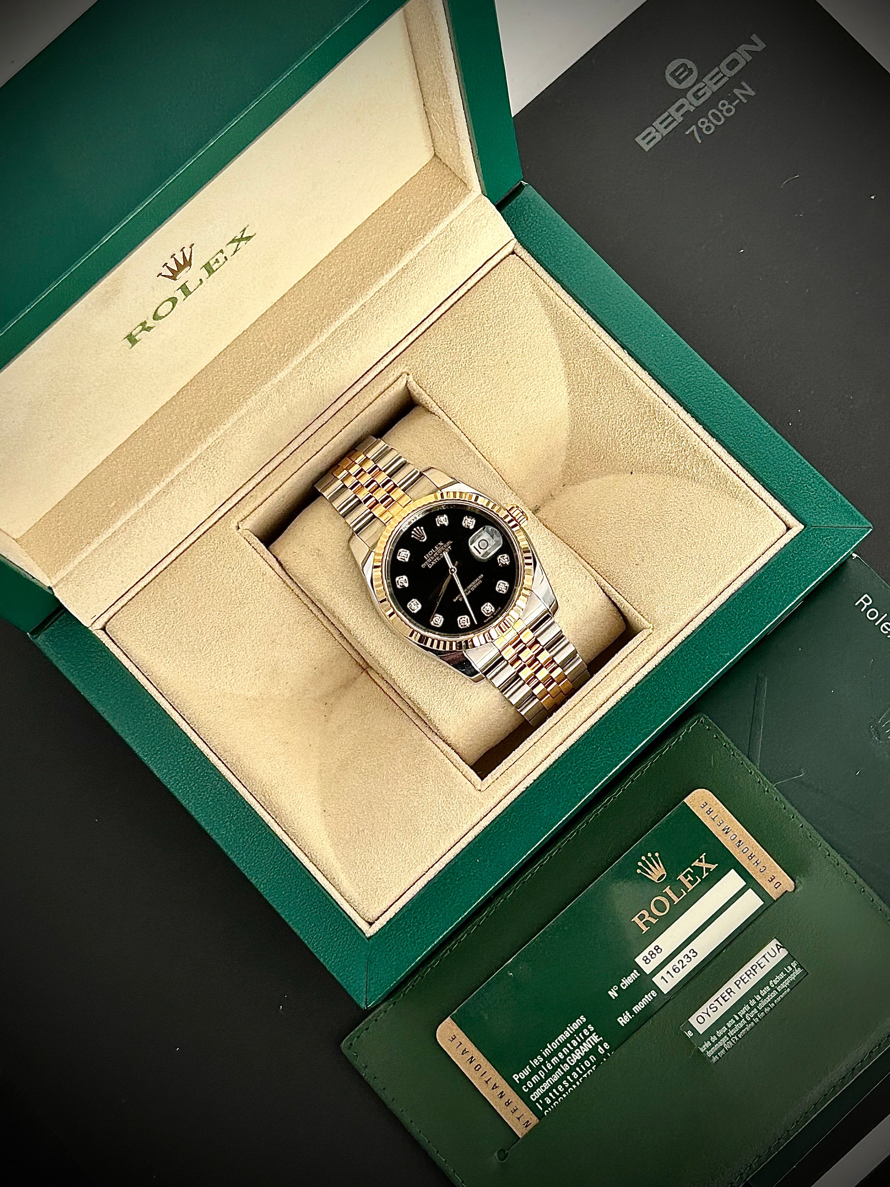 2006 ROLEX DATEJUST 36, 116233, BLACK DIAMOND DIAL, BOX AND PAPERS, INC GST