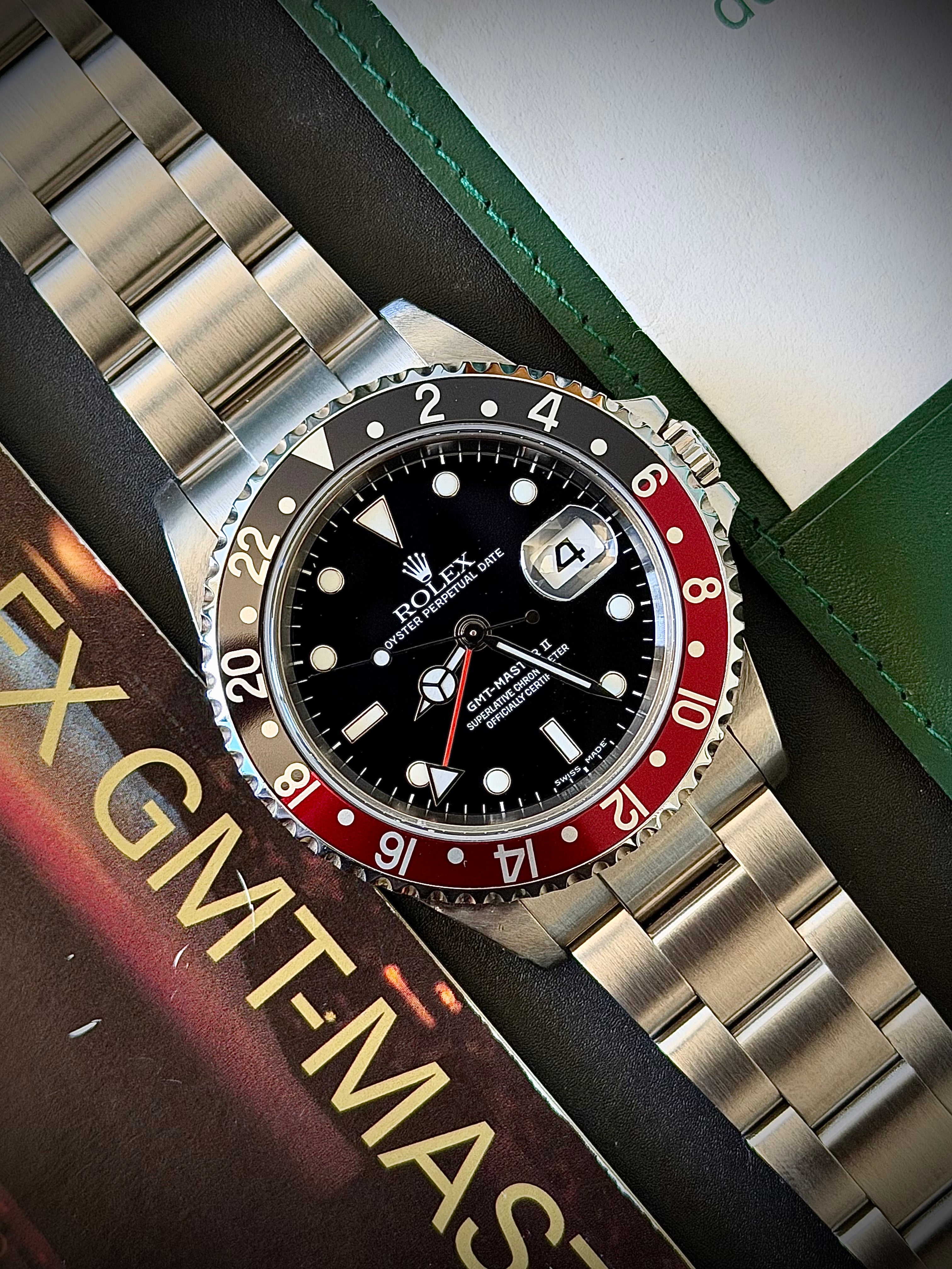 2005 ROLEX GMT-MASTER II “COKE”, NO HOLES, SEL, 16710, FULL SET, INC GST