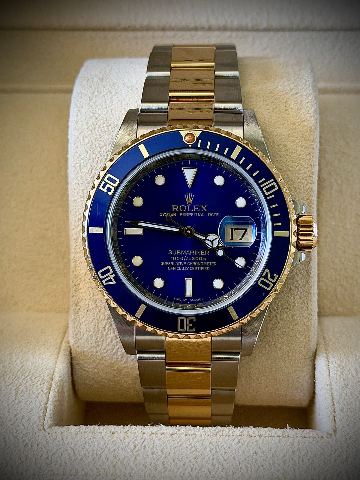 2009 ROLEX SUBMARINER DATE “BLUESY”, 16613LB, ENGRAVED REHAUT, NO HOLES CASE, SOLID END LINKS, WATCH ONLY, INC GST