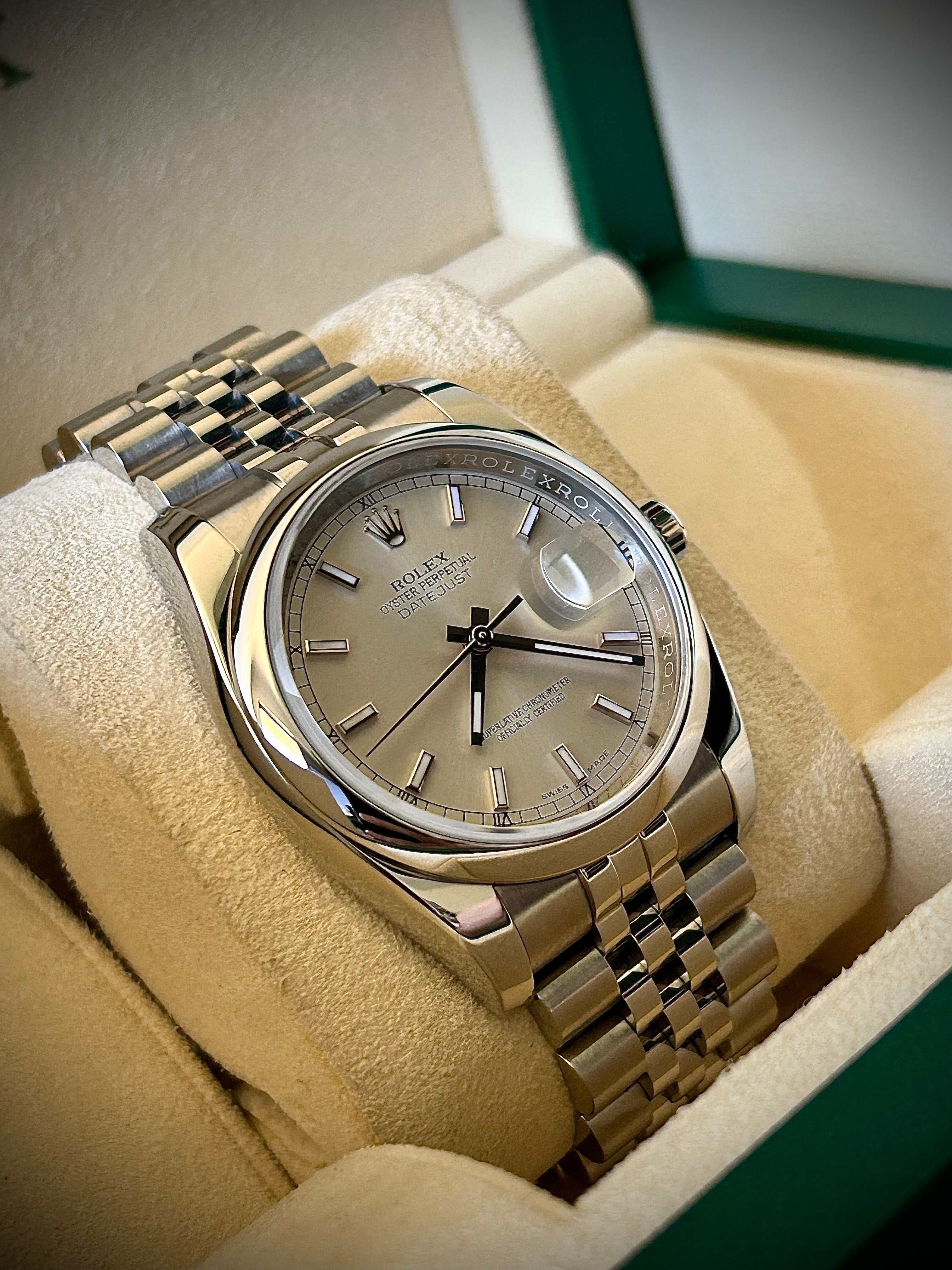 2015 ROLEX DATE JUST 36, SUPER JUBILEE, 116200, BOX AND PAPERS, INC GST