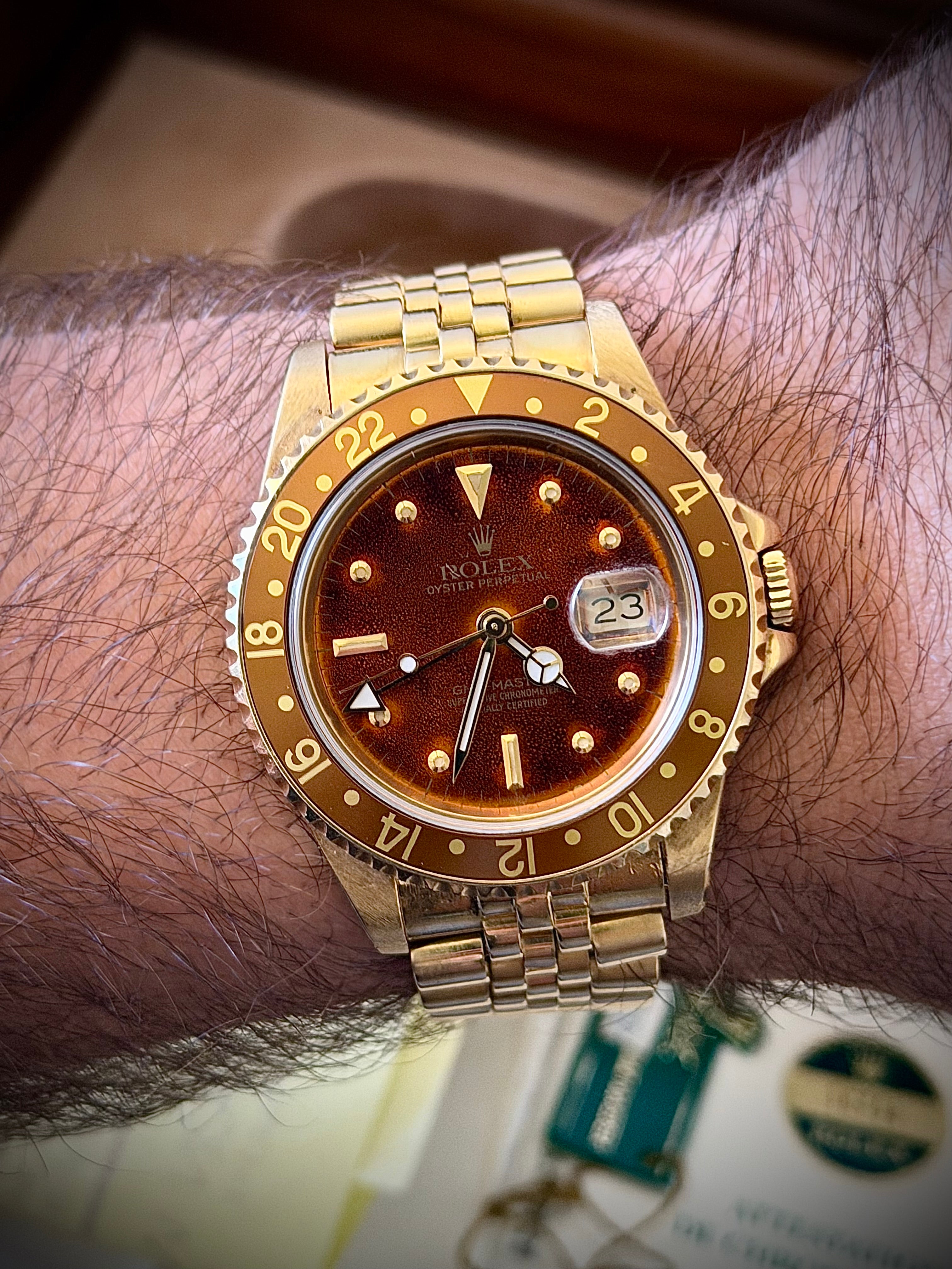 1987 ROLEX GMT-MASTER, 16758, TROPICAL BROWN “LAVA” NIPPLE DIAL, ONE-OWNER FULL SET, INC GST