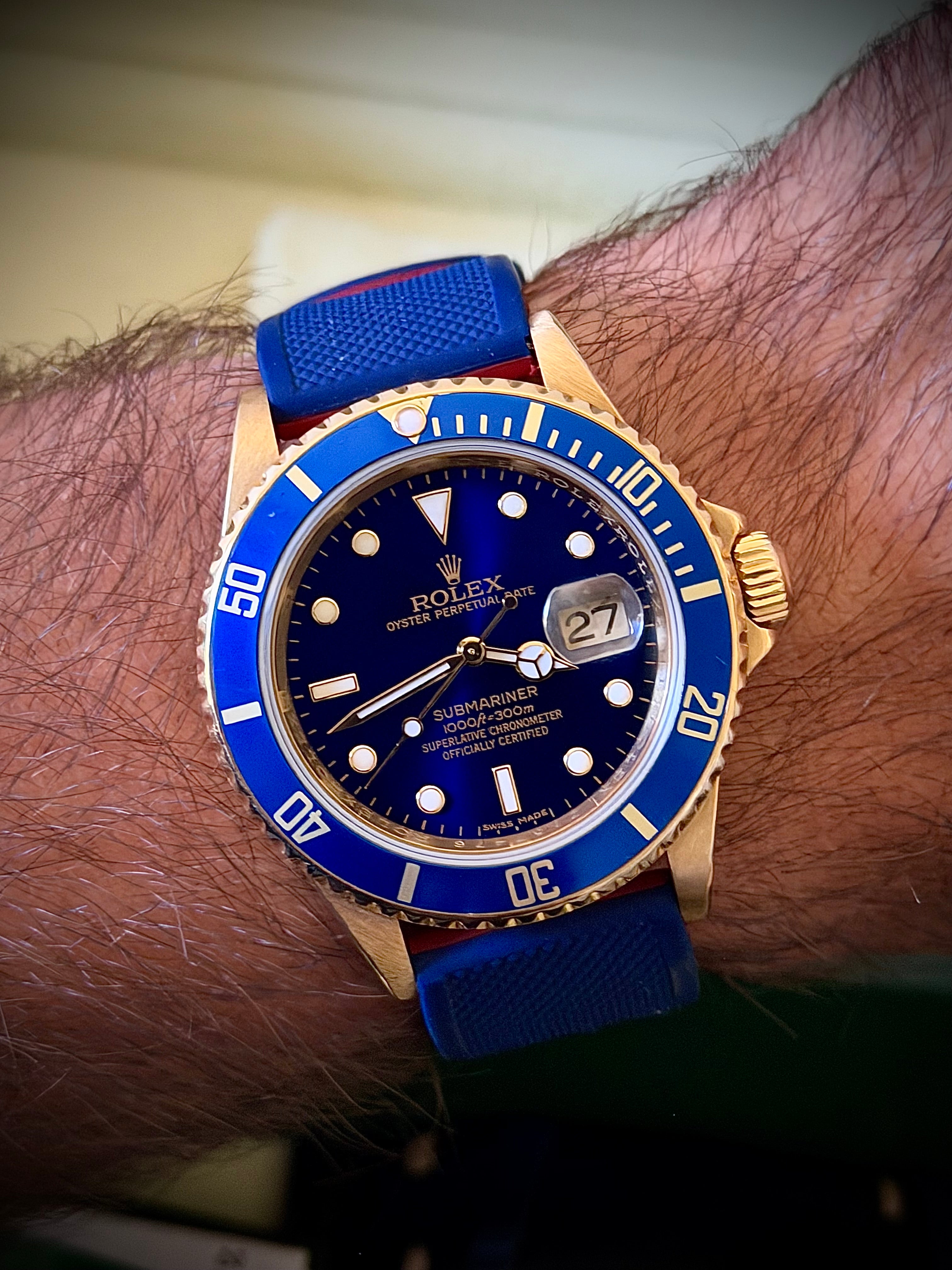 2007 ROLEX SUBMARINER DATE, 16618LB, ENGRAVED REHAUT, BOX AND PAPERS, INC GST