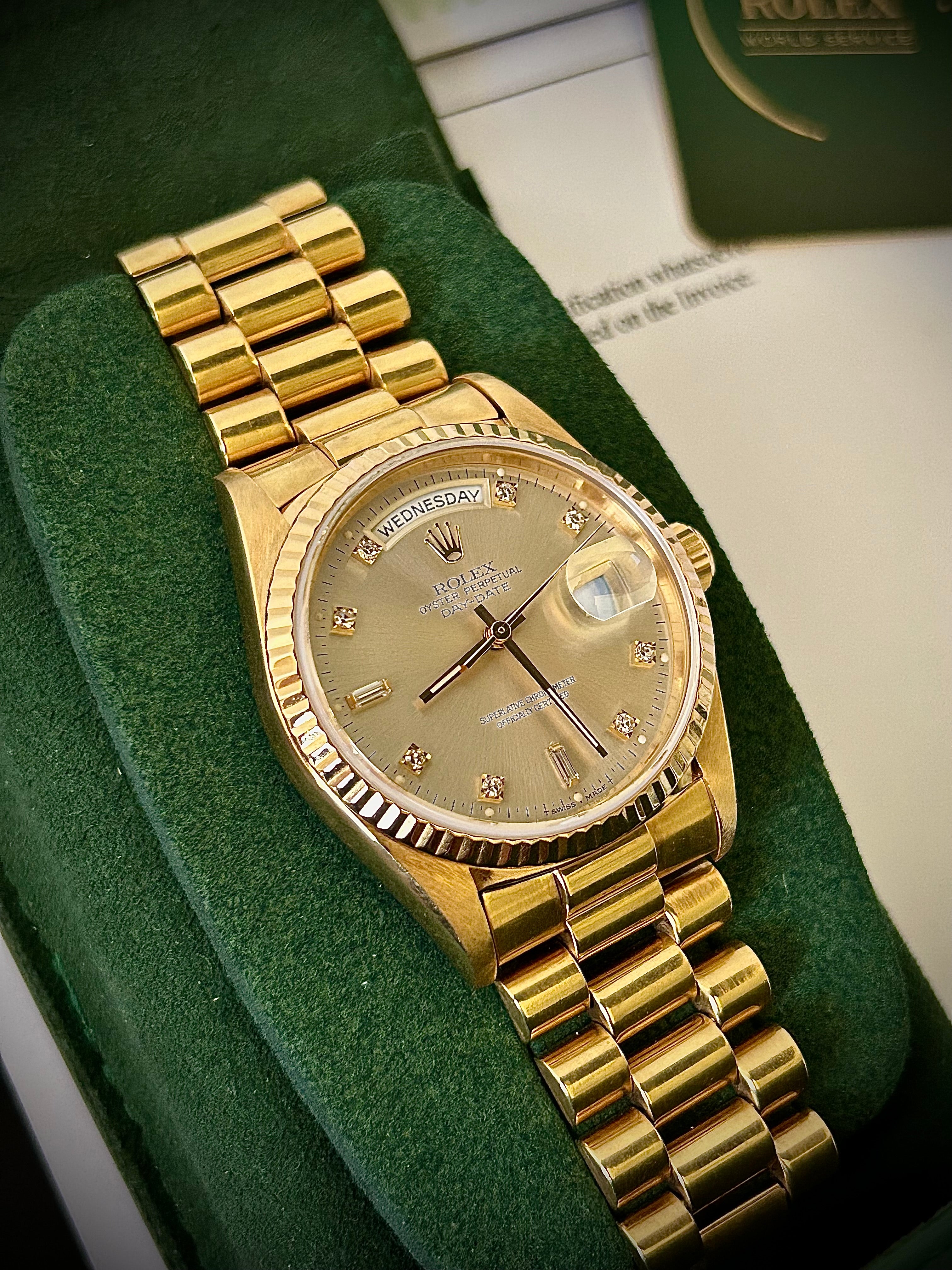 1990 ROLEX DAY-DATE, 18238, 2X RSC AND DIAMOND BEZEL, INC GST