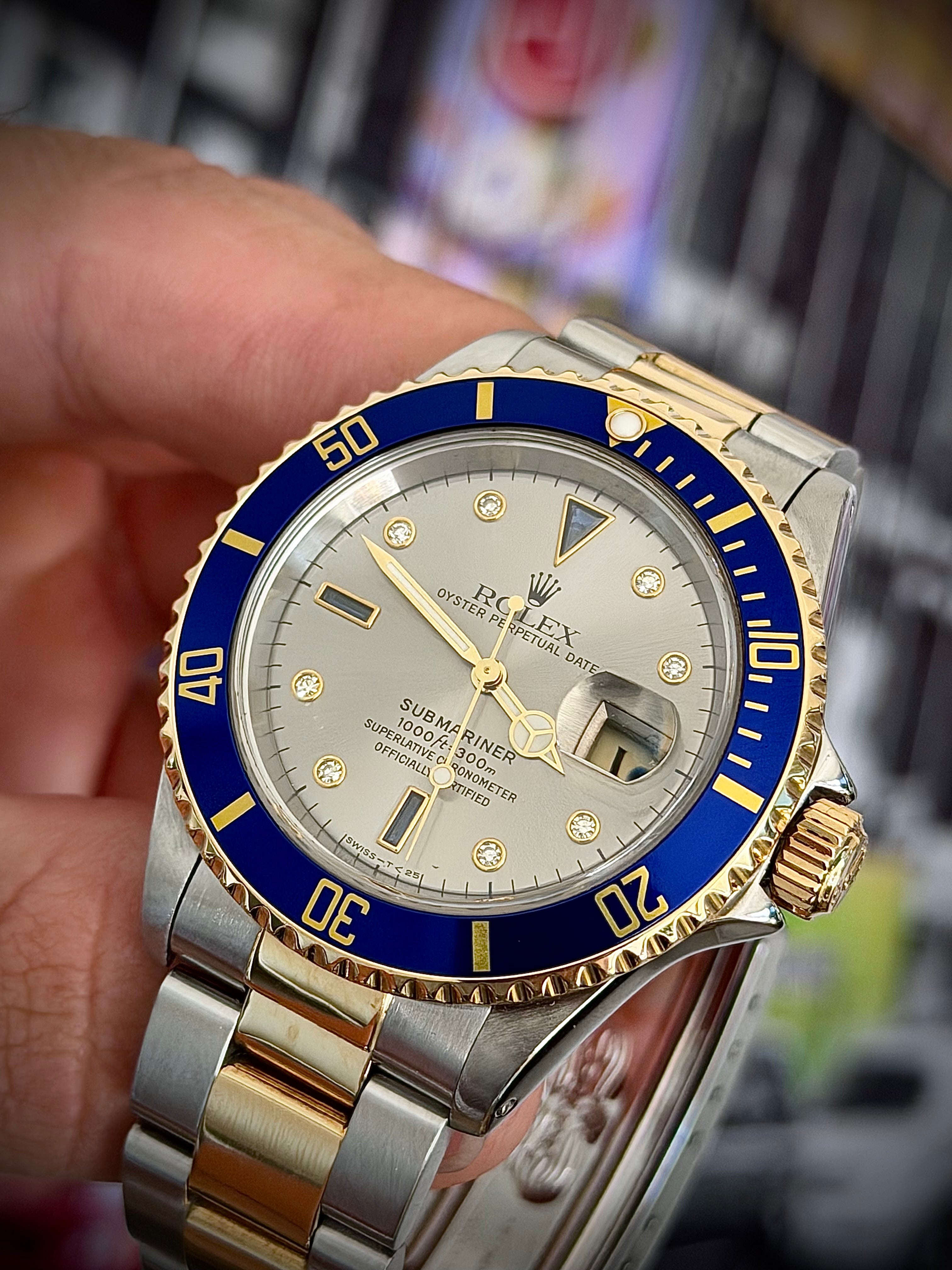 1996 ROLEX SUBMARINER, 16613, SERTI SILVER DIAMOND DIAL, BOX & 2020 RSC, INC GST