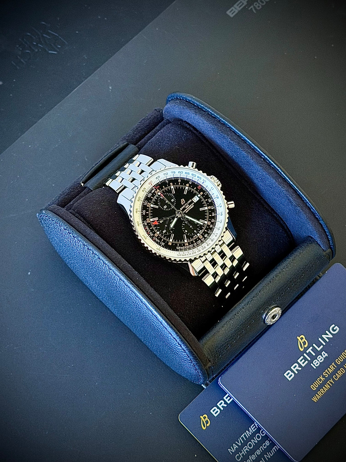 2020 BREITLING NAVITIMER WORLD, A24322, BLACK DIAL, STEEL BRACELET, BOX & PAPERS, INC GST