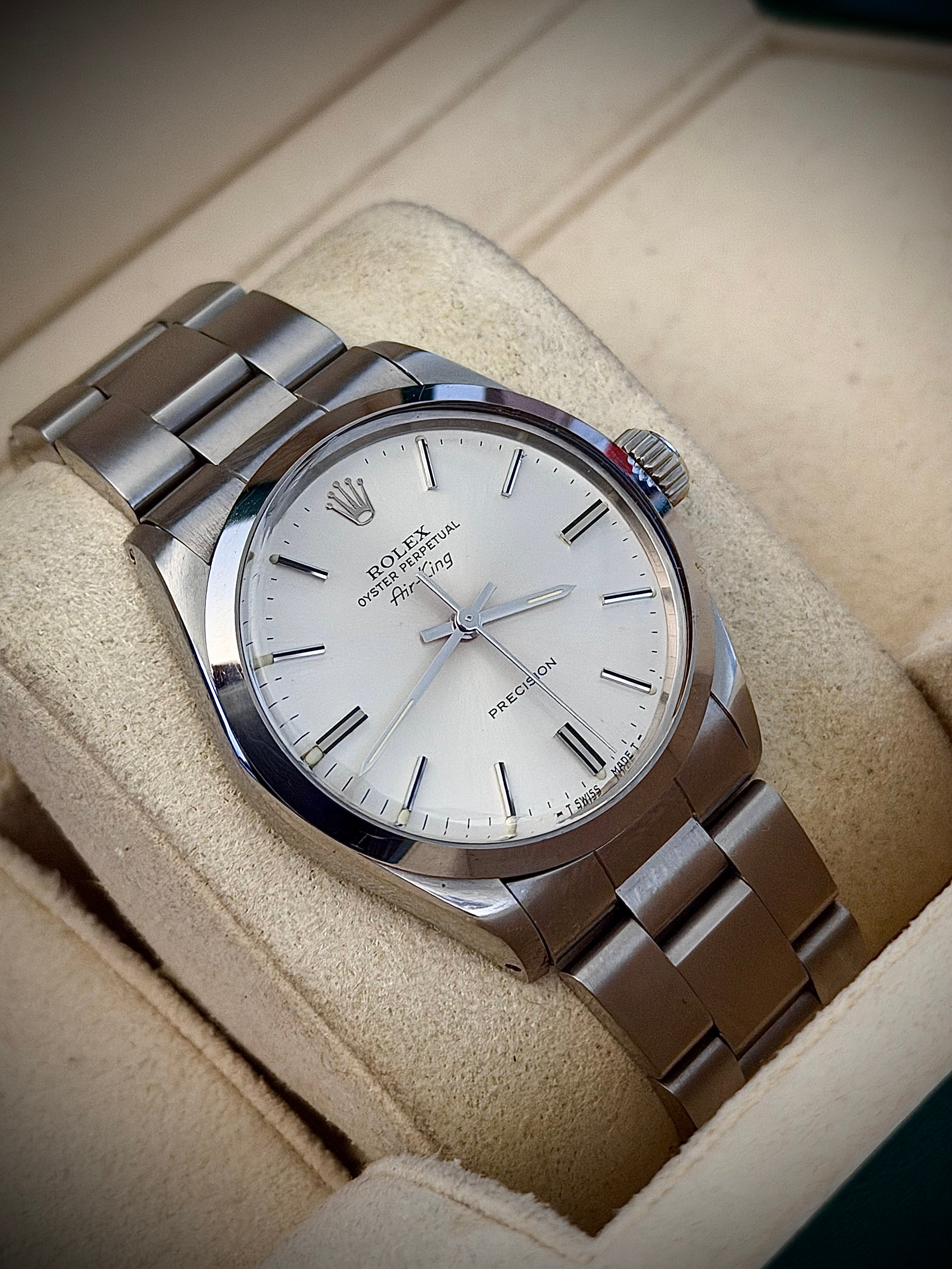 1989 ROLEX AIR-KING, 5500, SILVER PRECISION DIAL, FULL SET, INC GST