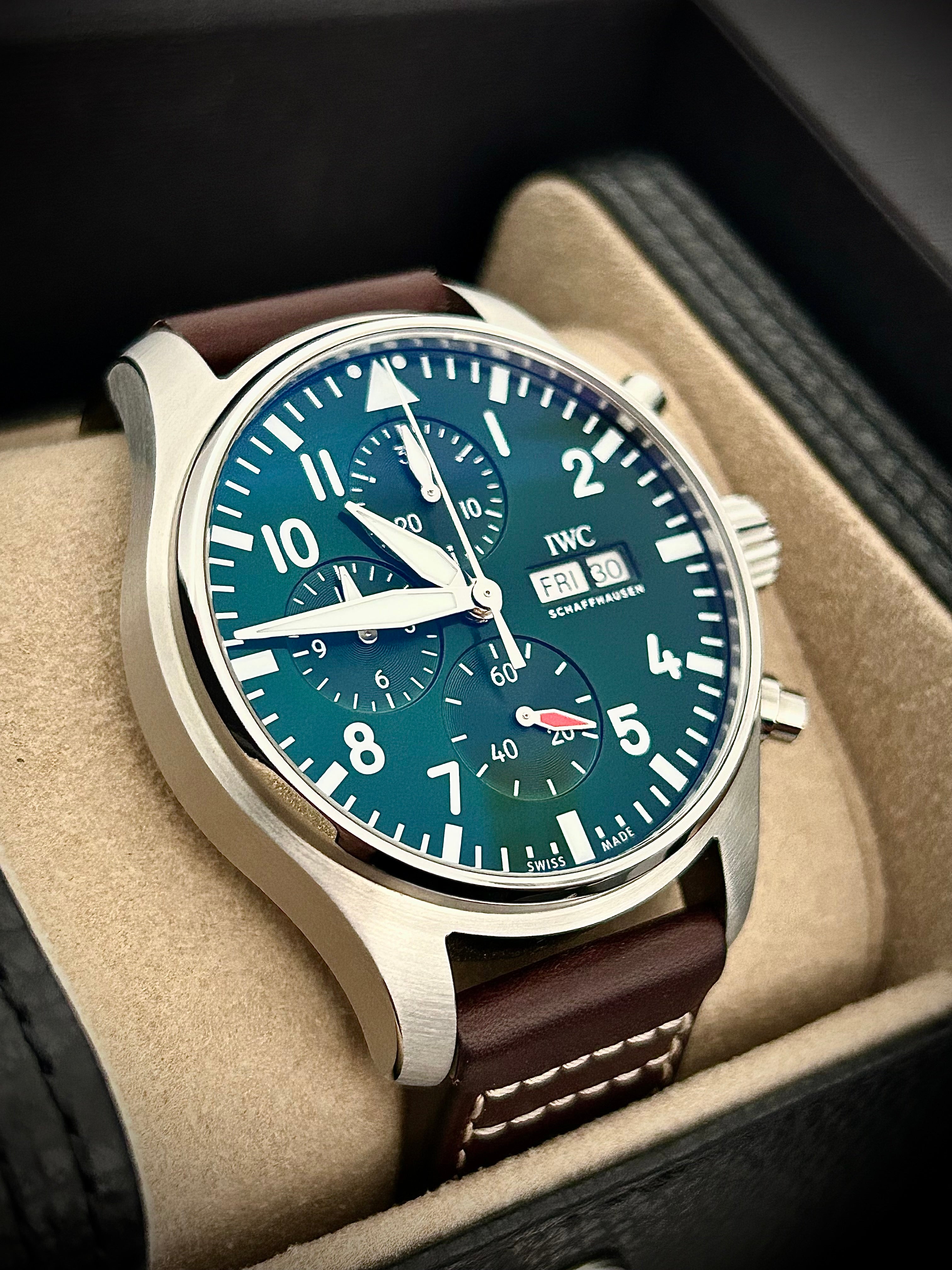 2023 IWC PILOTS WATCH CHRONOGRAPH, GREEN DIAL, IW388103, FULL SET, INC GST