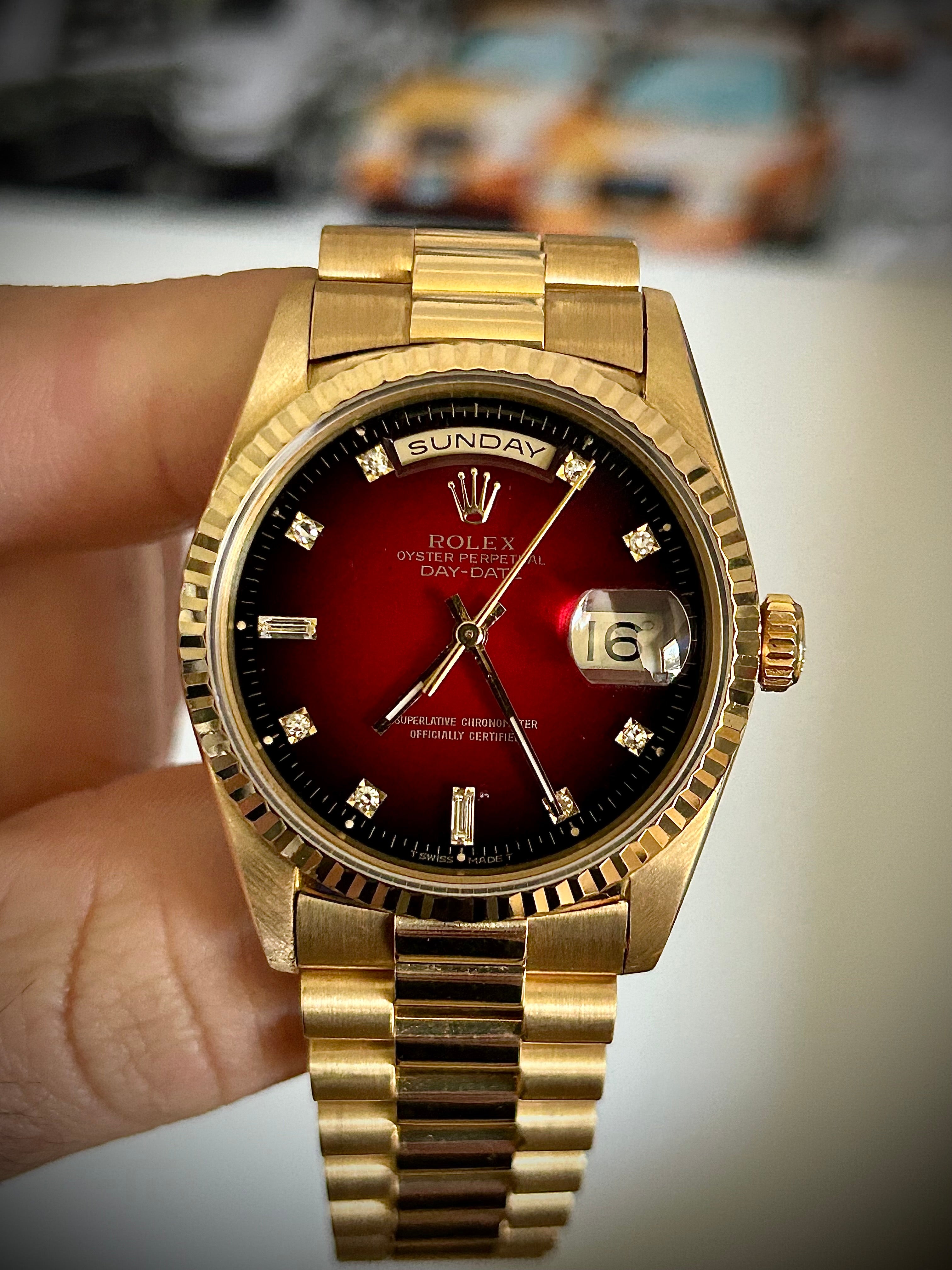 1988 ROLEX DAY-DATE, 18238, DOUBLE QUICK SET, RARE DIAMOND VIGNETTE DIAL, WATCH AND BOX, INC GST
