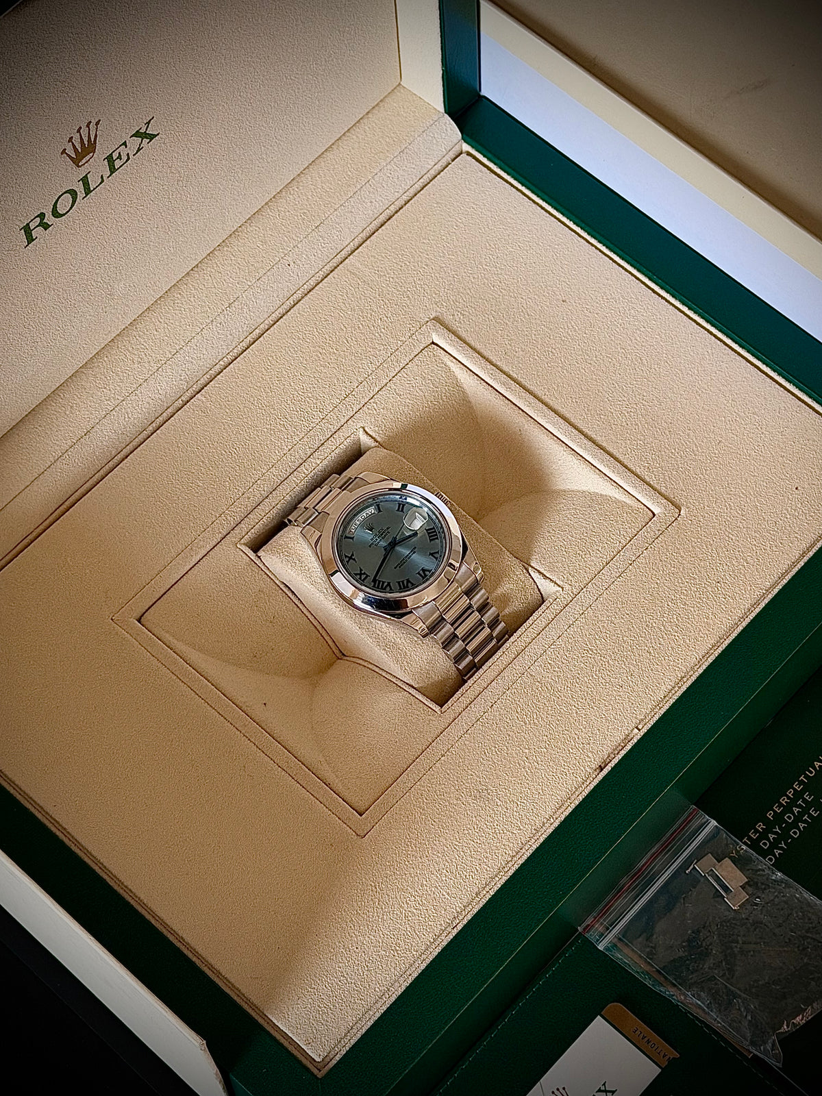 2014 ROLEX DAY-DATE II, 218206, PLATINUM, BLUE ROMAN DIAL, BOX & PAPERS, EXCELLENT CONDITION, INC GST
