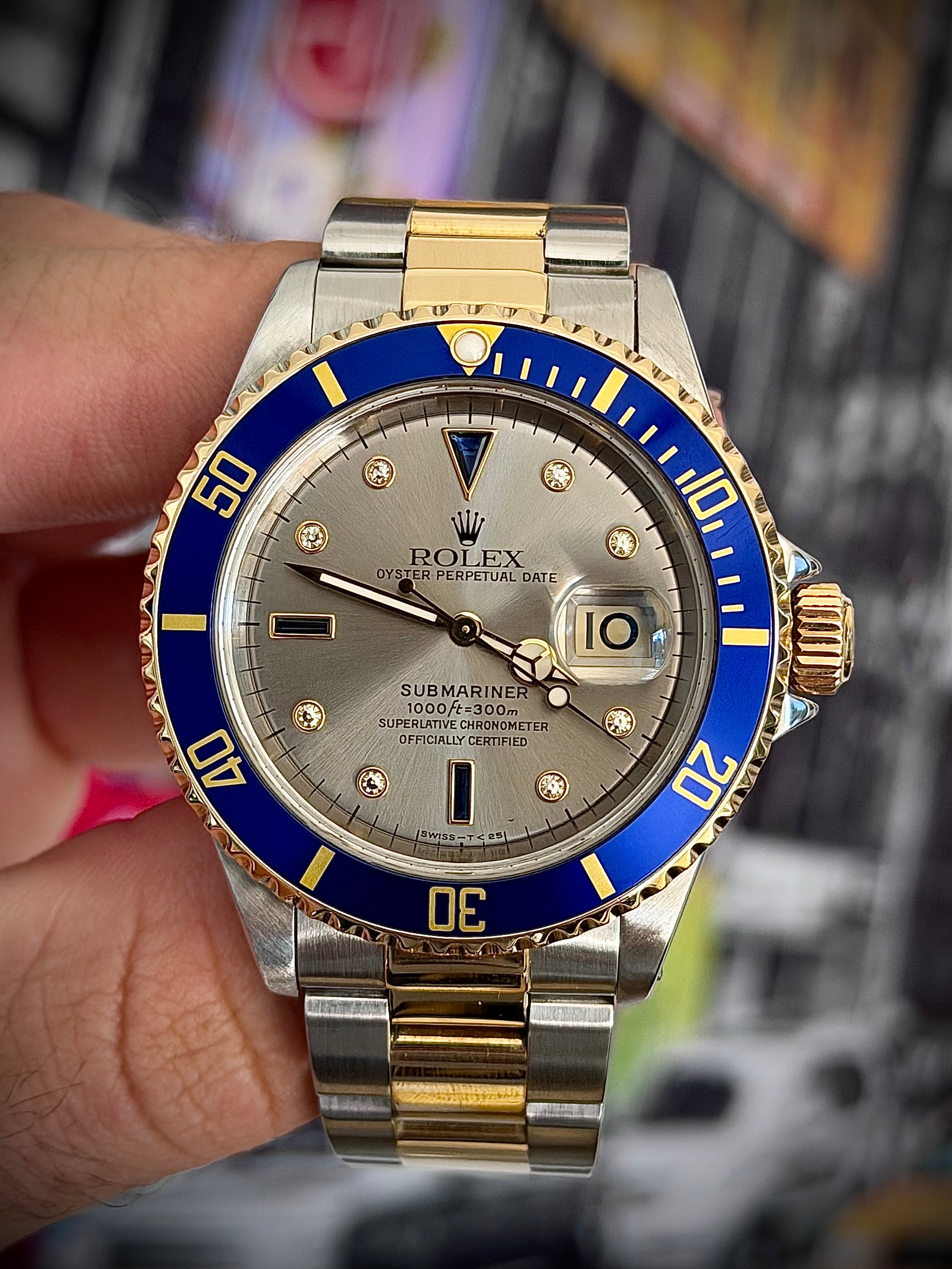 1996 ROLEX SUBMARINER, 16613, SERTI SILVER DIAMOND DIAL, BOX & 2020 RSC, INC GST