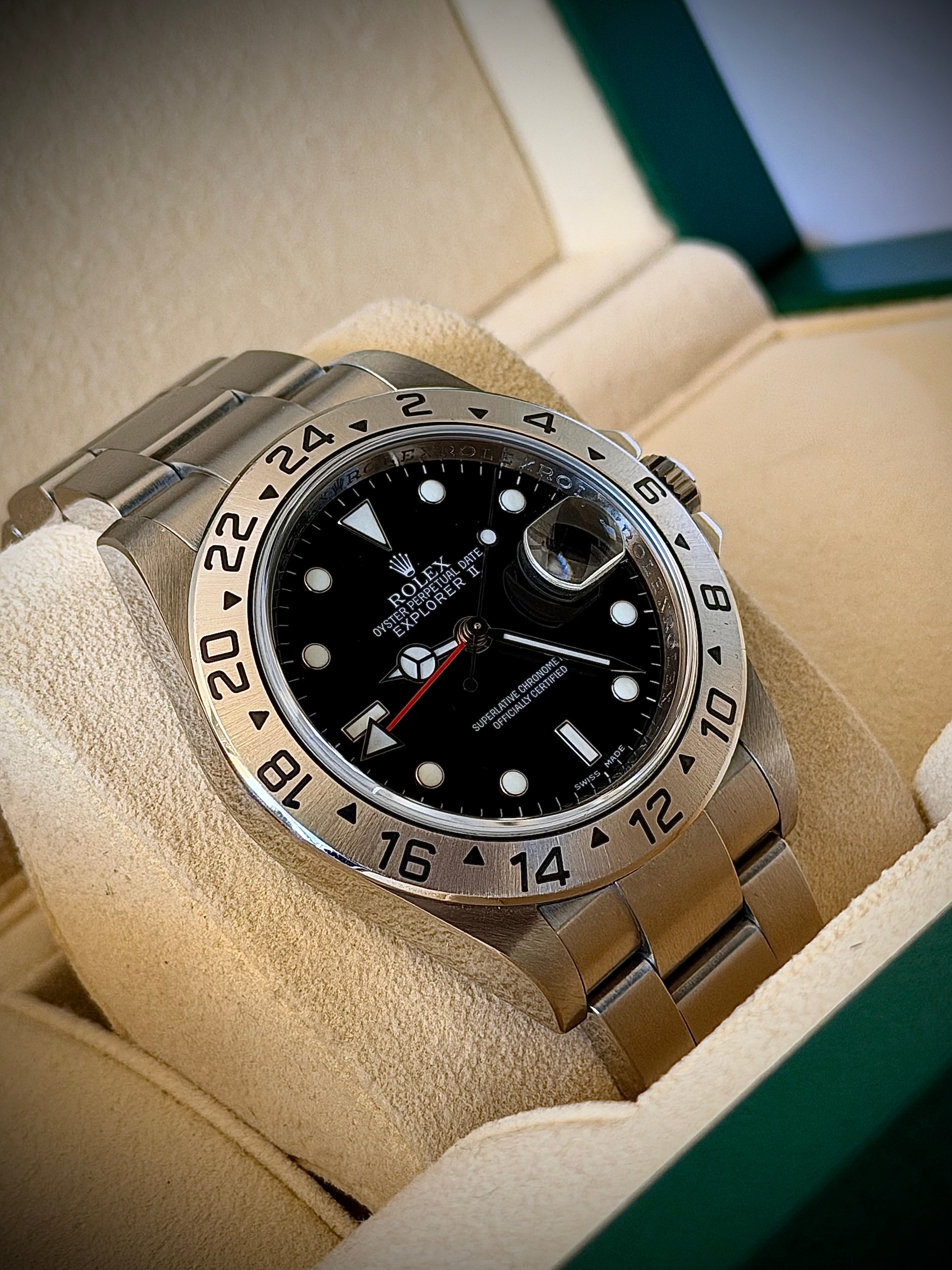 2007 ROLEX EXPLORER II, 16570, NO HOLES SEL, ENGRAVED REHAUT, 3186 MOVEMENT, WATCH ONLY, INC GST