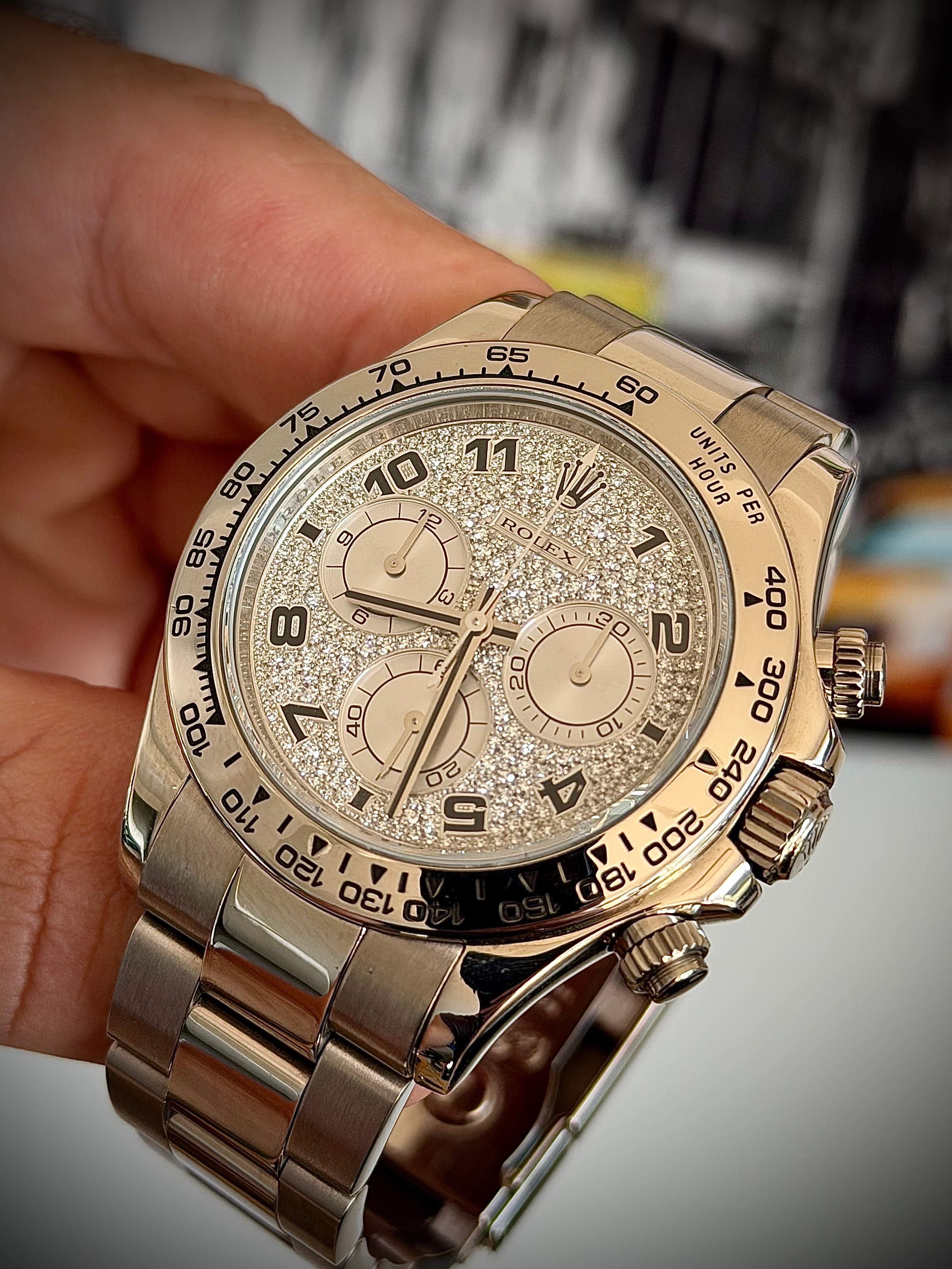 2008 ROLEX DAYTONA 18CT WHITE GOLD, 116509, FACTORY DIAMOND PAVÉ DIAL, FULL SET, INC GST