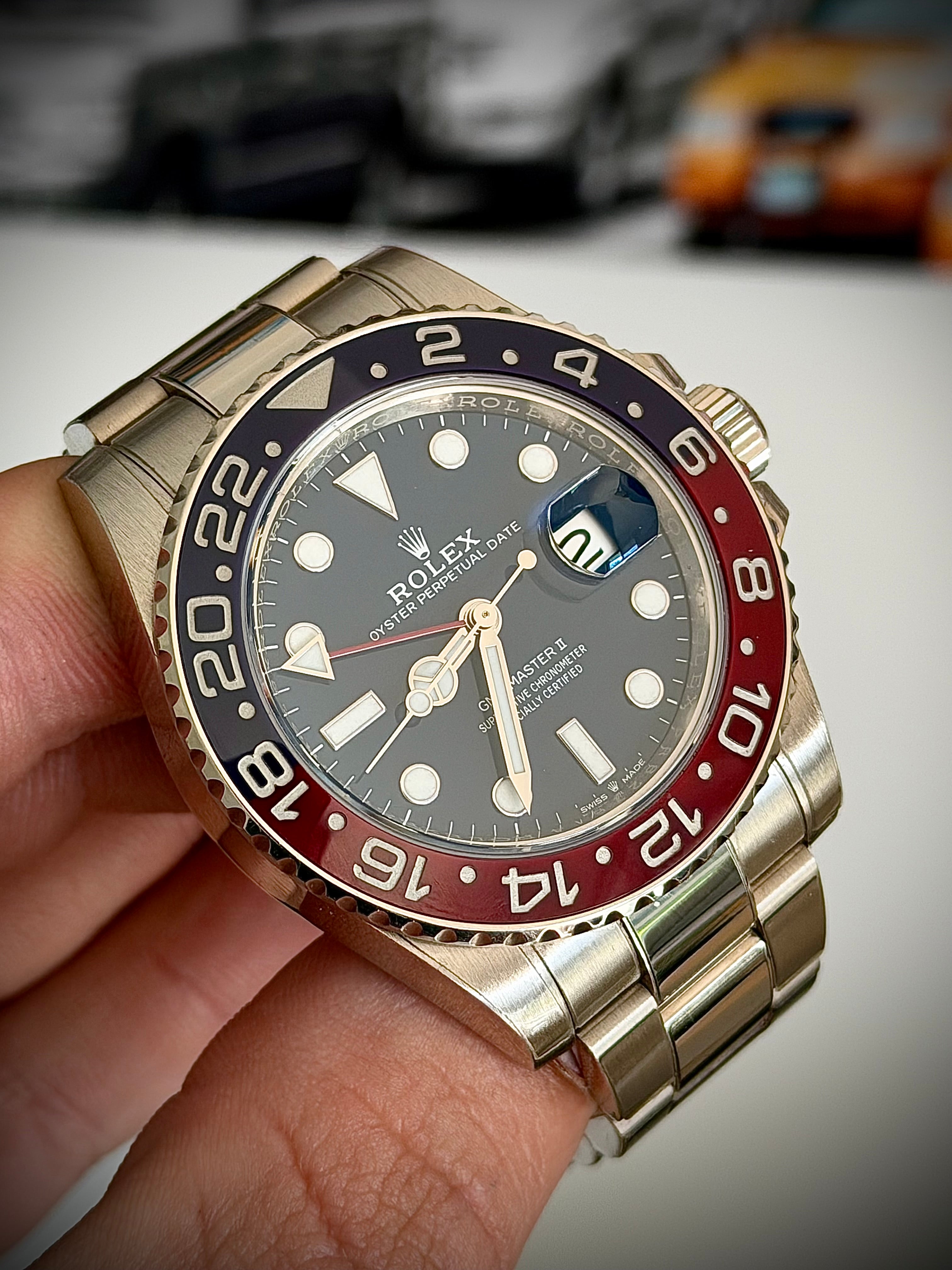 2020 ROLEX GMT MASTER II, PEPSI, WHITE GOLD, BLUE DIAL, 126719BLRO, FULL SET, INC GST