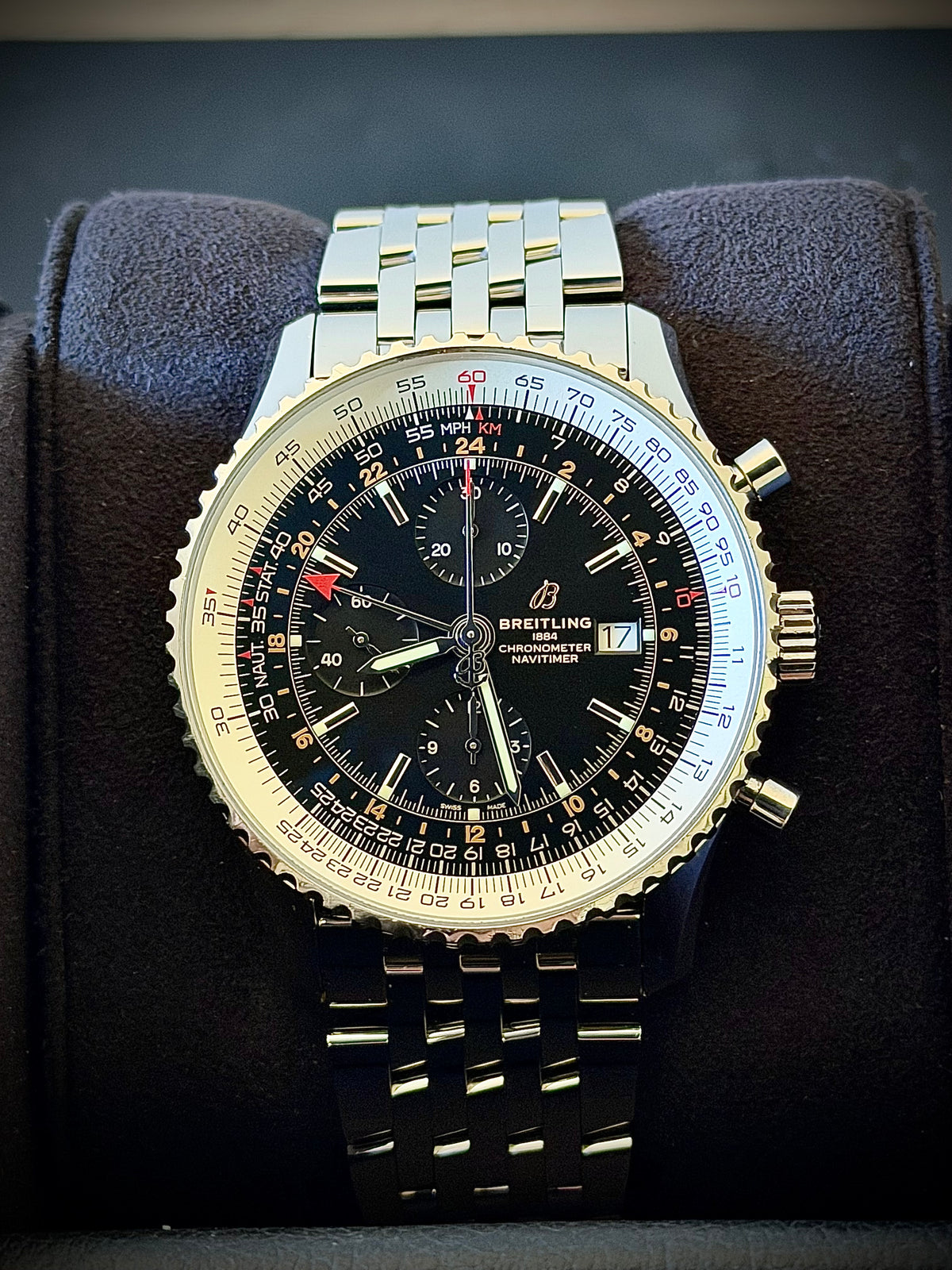 2020 BREITLING NAVITIMER WORLD, A24322, BLACK DIAL, STEEL BRACELET, BOX & PAPERS, INC GST