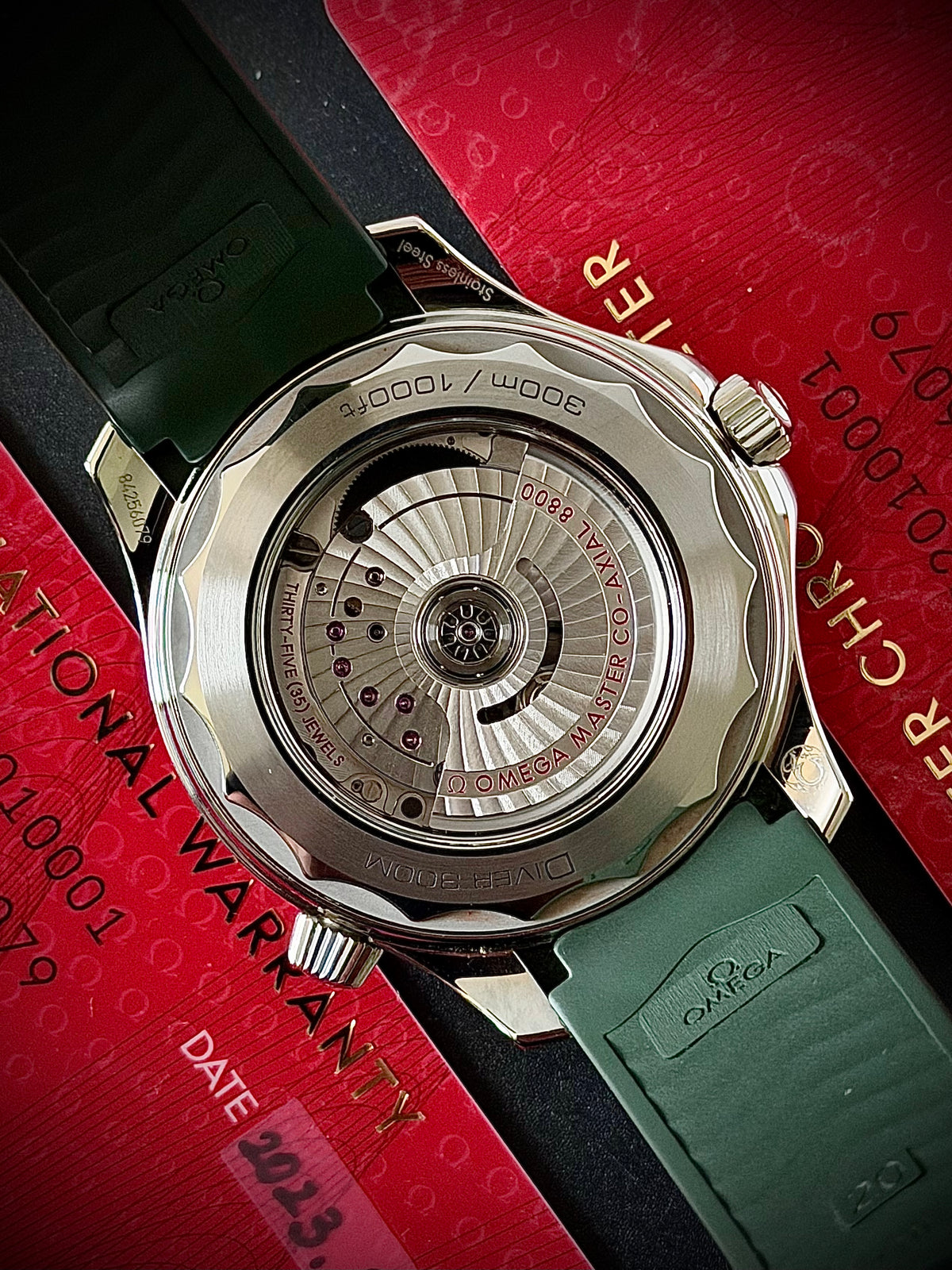 2023 OMEGA SEAMASTER DIVER 300M, 210.32.42.20.10.001, GREEN DIAL, RUBBER STRAP, BOX AND CARDS, INC GST