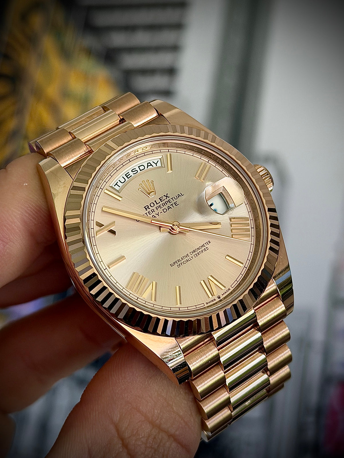 2024 ROLEX DAY-DATE 40, 228235, SUNDUST DIAL, 18CT EVEROSE GOLD, FULL SET, INC GST