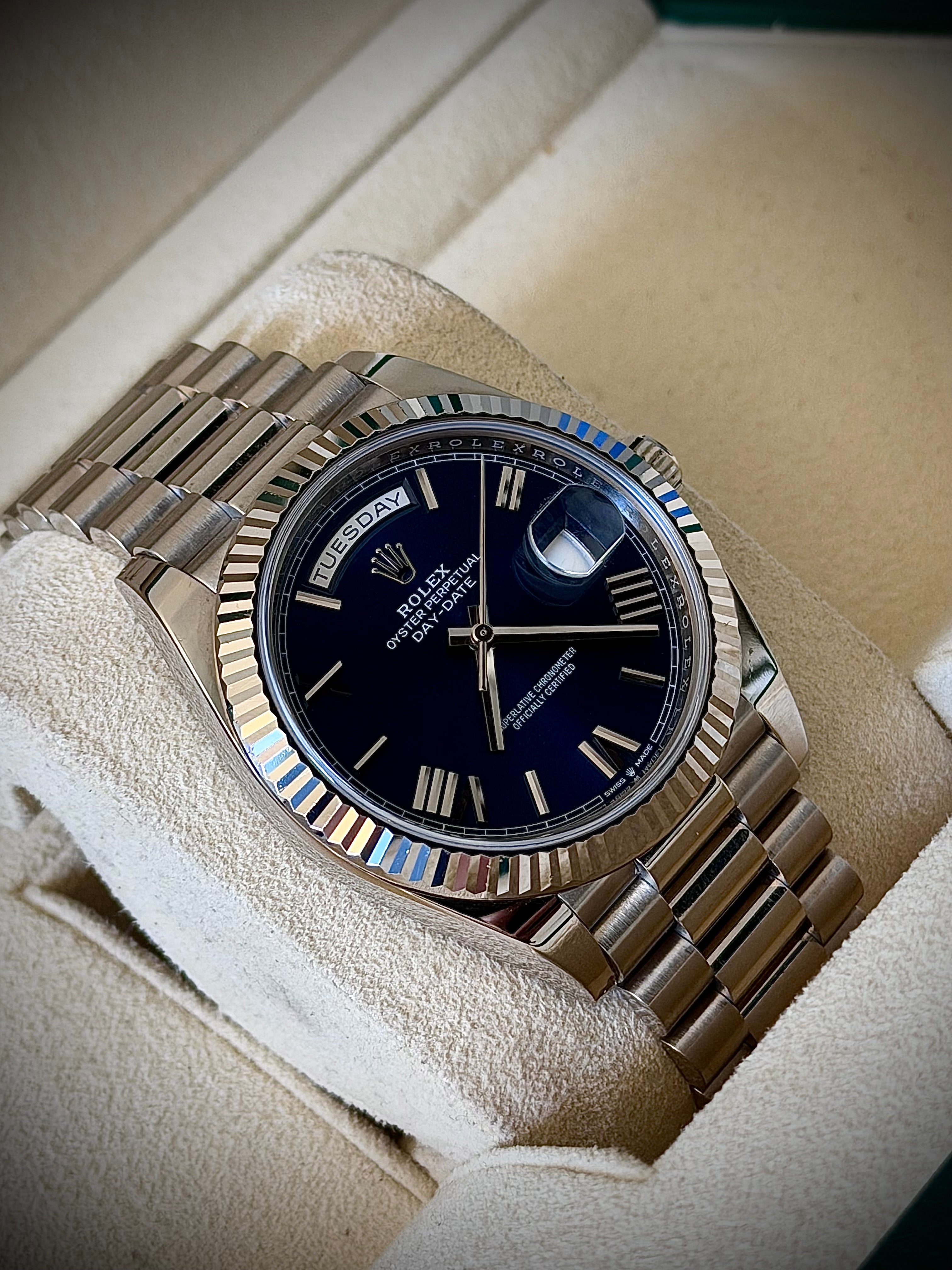 2017 ROLEX DAY-DATE 40, 228239, BLUE ROMAN DIAL, FULL SET, INC GST