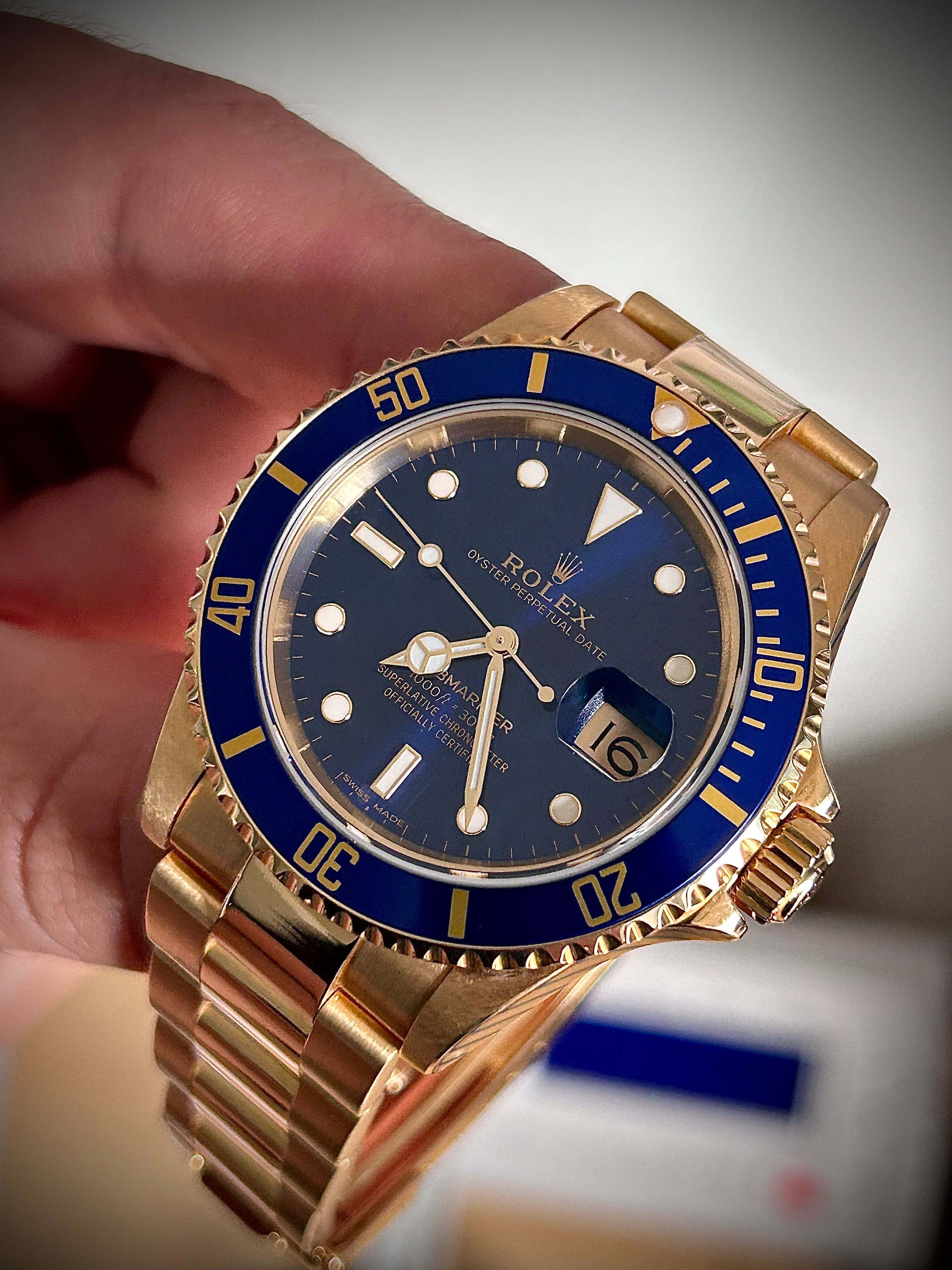 1991 ROLEX SUBMARINER DATE “BLUESY”, FULL GOLD, 16618LB, BOX AND RSC, INC GST