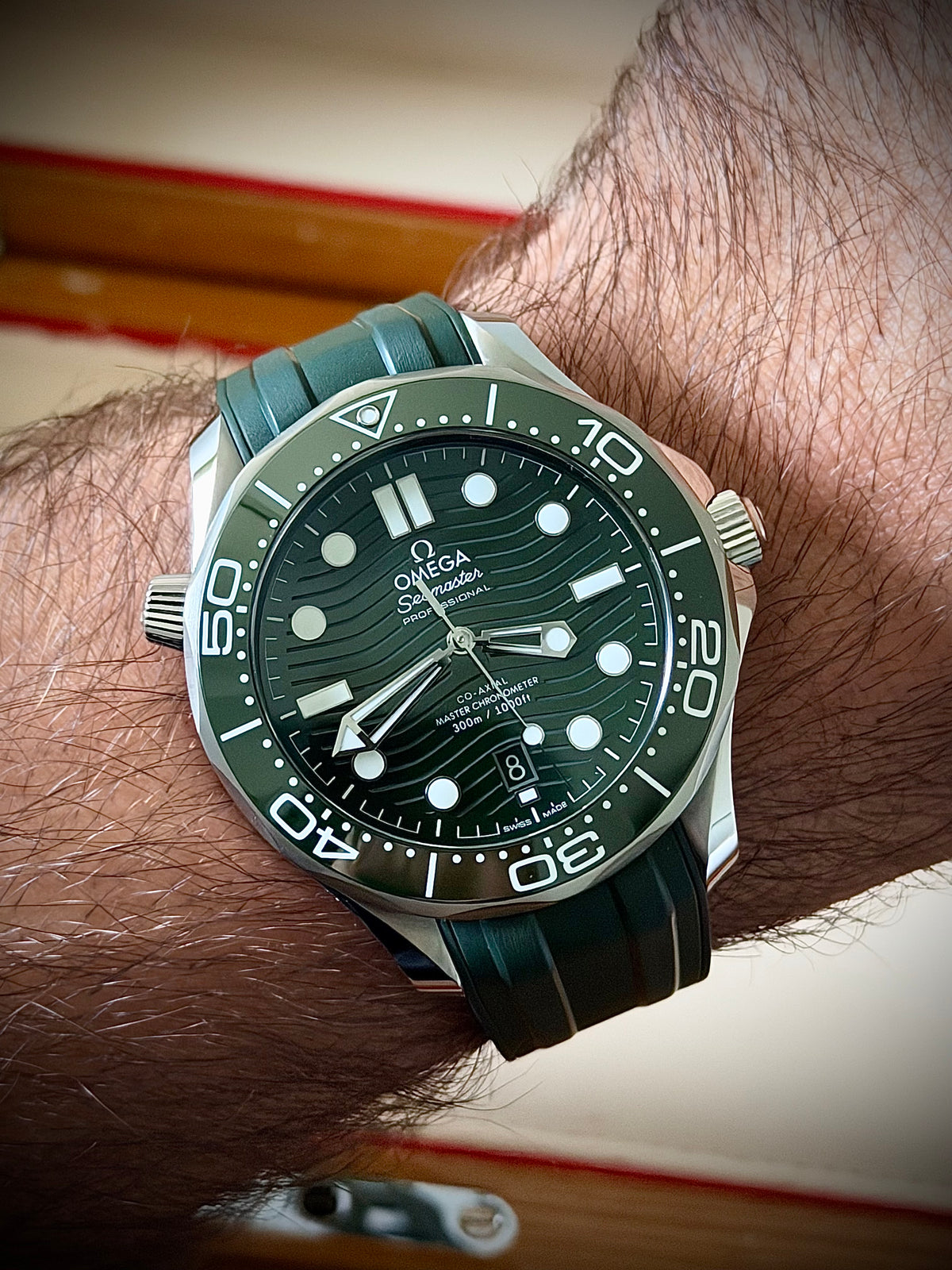 2023 OMEGA SEAMASTER DIVER 300M, 210.32.42.20.10.001, GREEN DIAL, RUBBER STRAP, BOX AND CARDS, INC GST