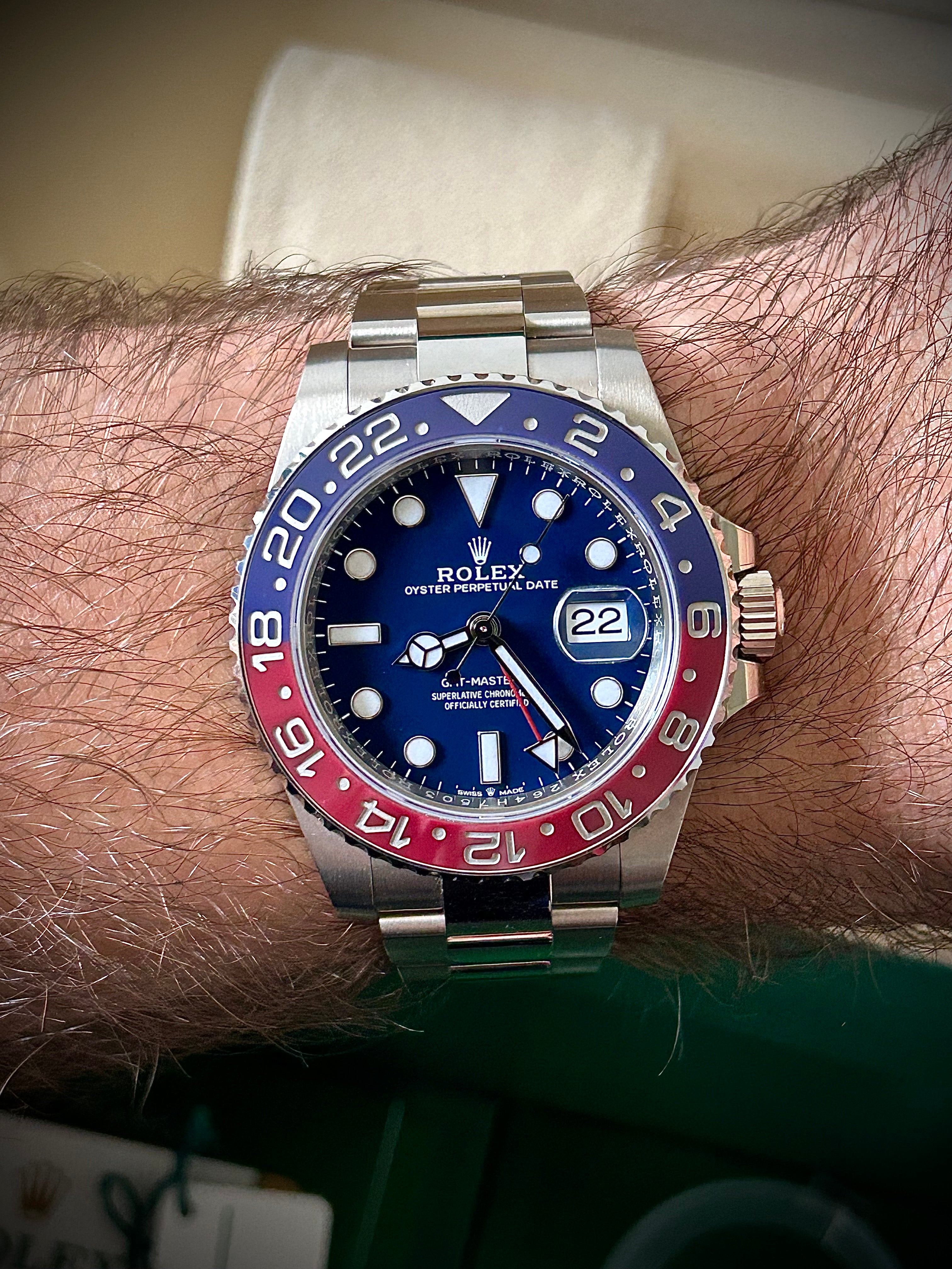 2019 ROLEX GMT MASTER II, PEPSI, WHITE GOLD, BLUE DIAL, 126719BLRO, FULL SET, INC GST