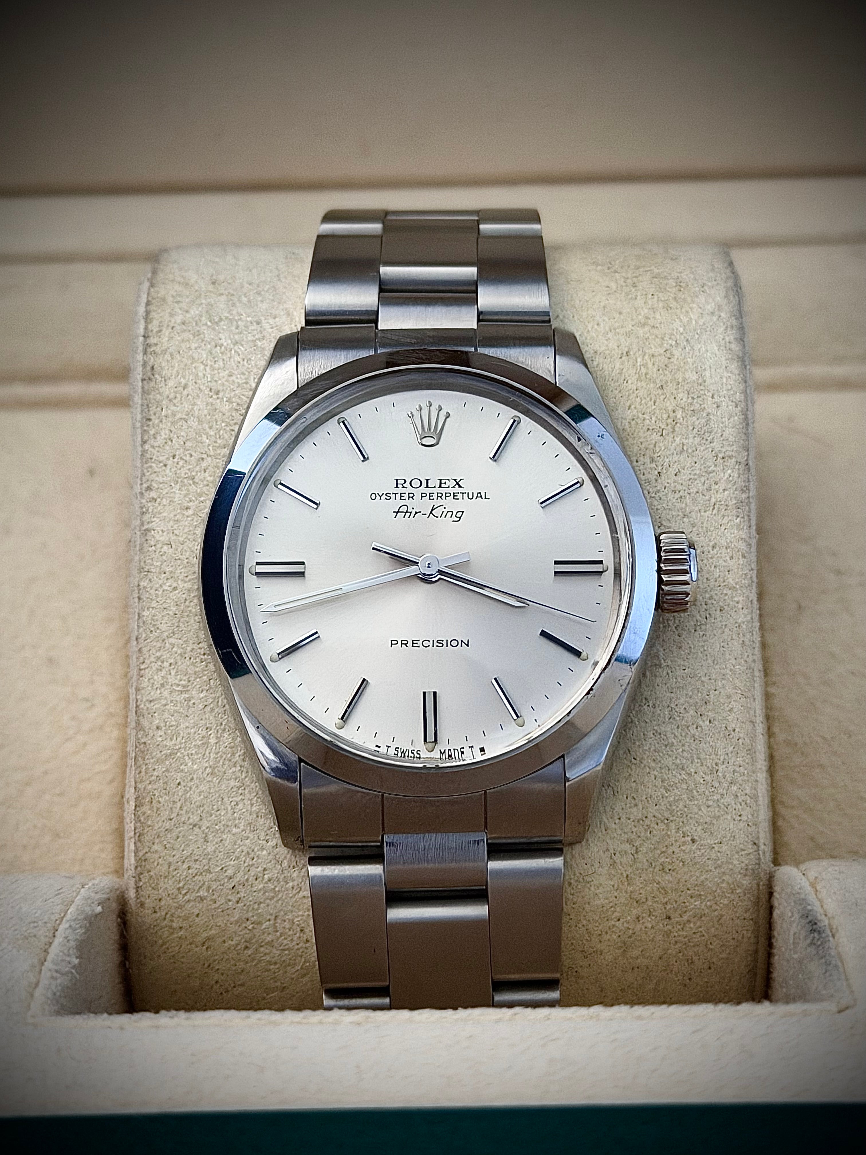 1989 ROLEX AIR-KING, 5500, SILVER PRECISION DIAL, FULL SET, INC GST