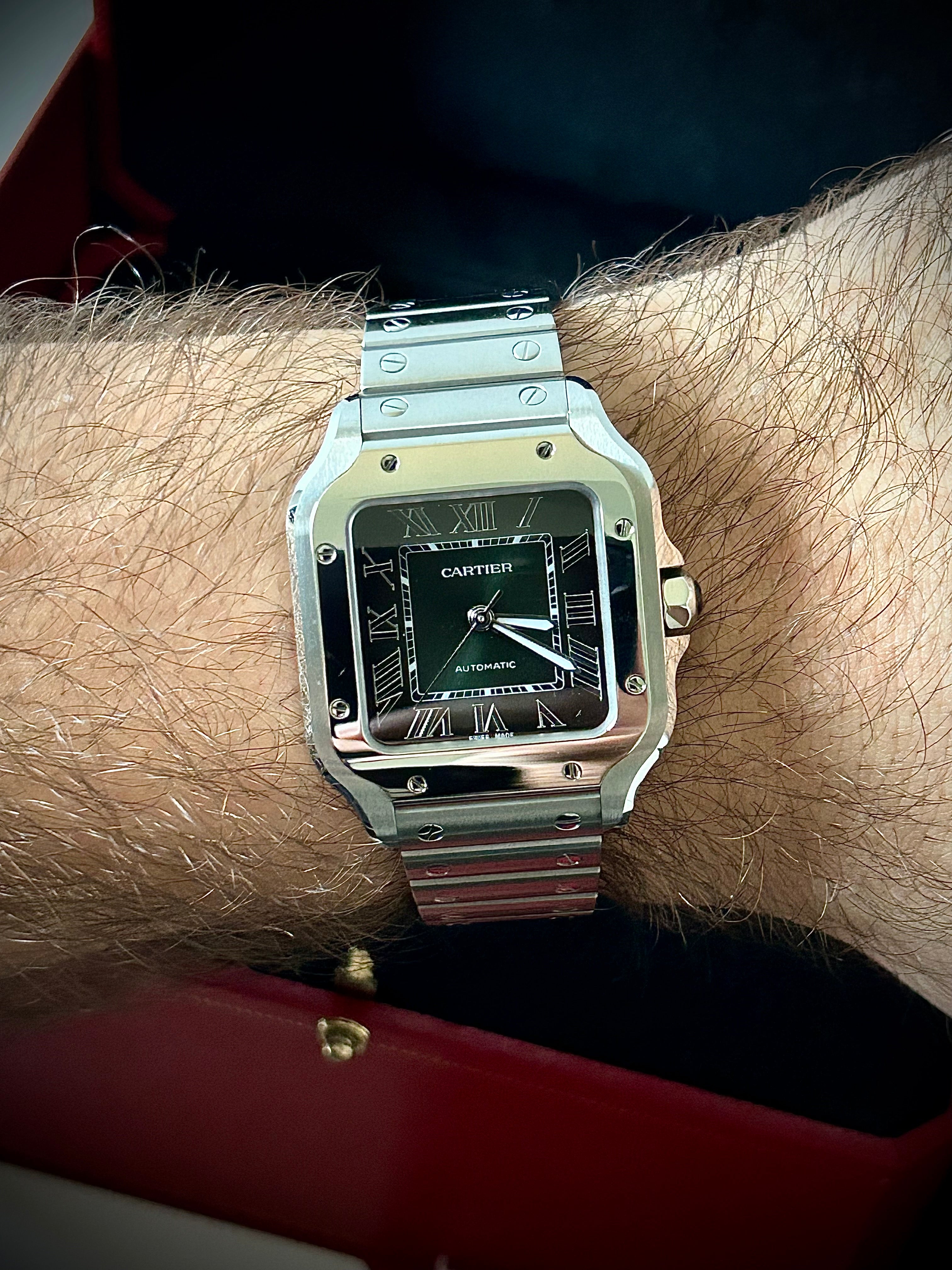 2024 CARTIER SANTOS DE CARTIER GREEN MEDIUM, BOX AND PAPERS, INC GST