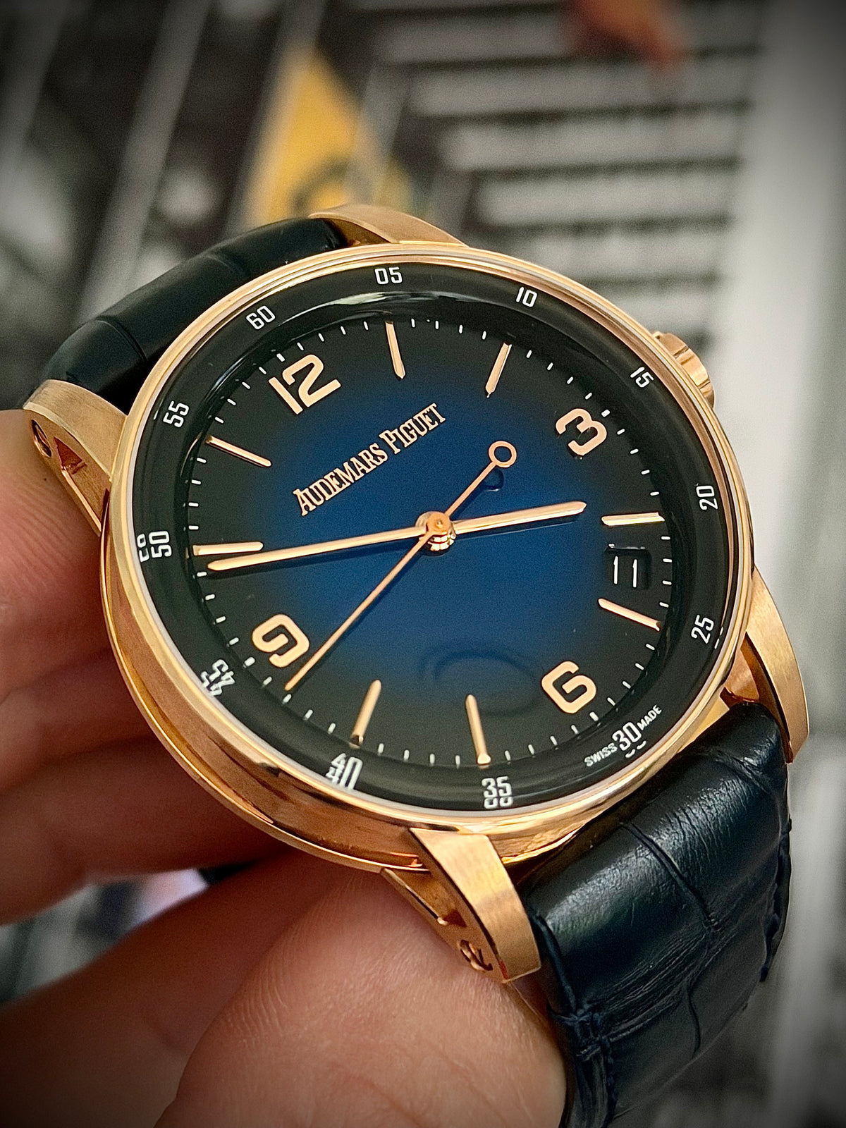 2023 AUDEMARS PIGUET CODE 11.59 SELFWINDING, 15210OR.OO.A028CR.01, 18CT PINK GOLD, SMOKED BLUE DIAL, FULL SET, INC GST