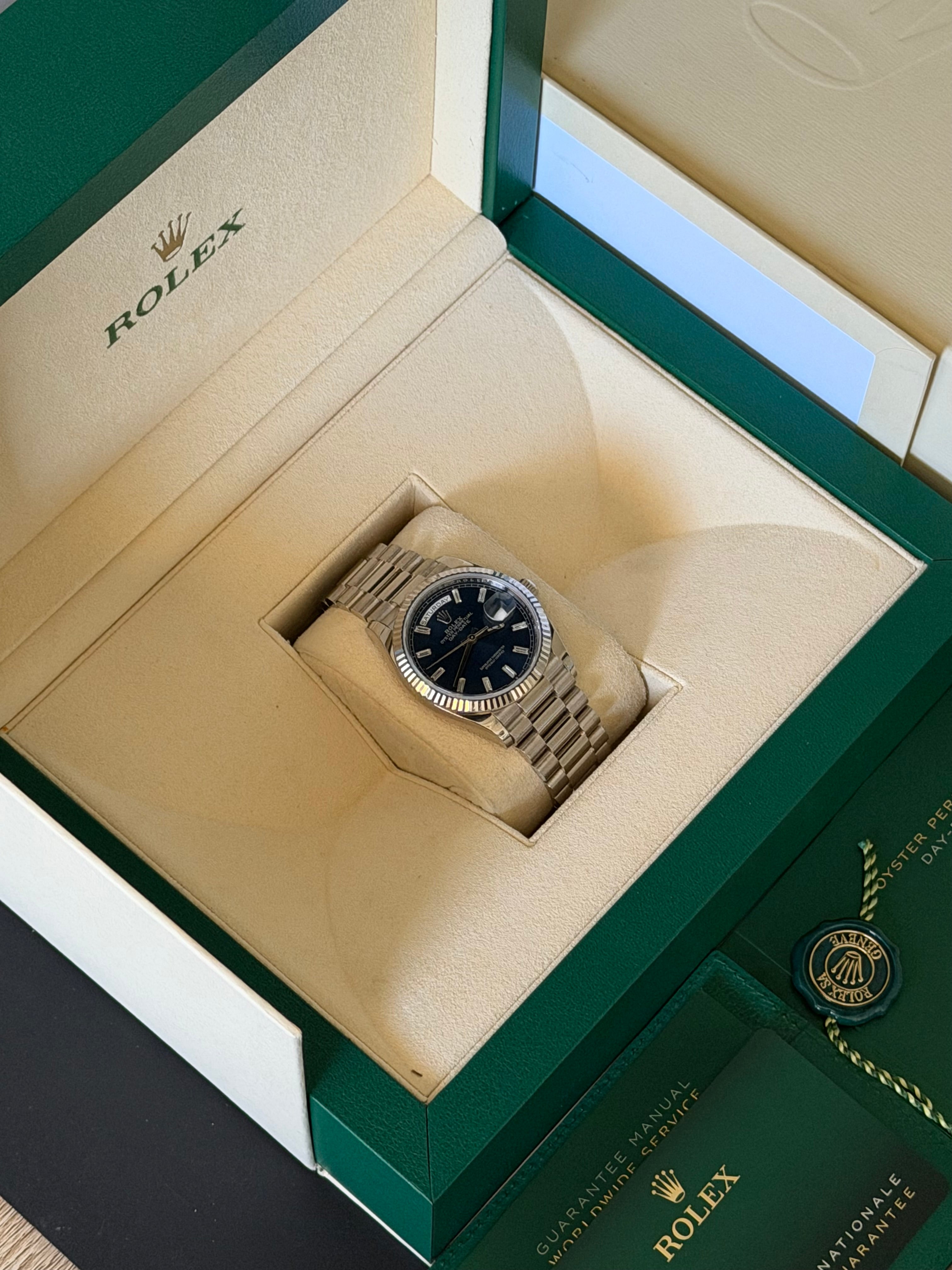 2024 ROLEX DAY-DATE 36, 128239, BLUE BAGUETTE DIAMOND DIAL, FULL SET, INC GST