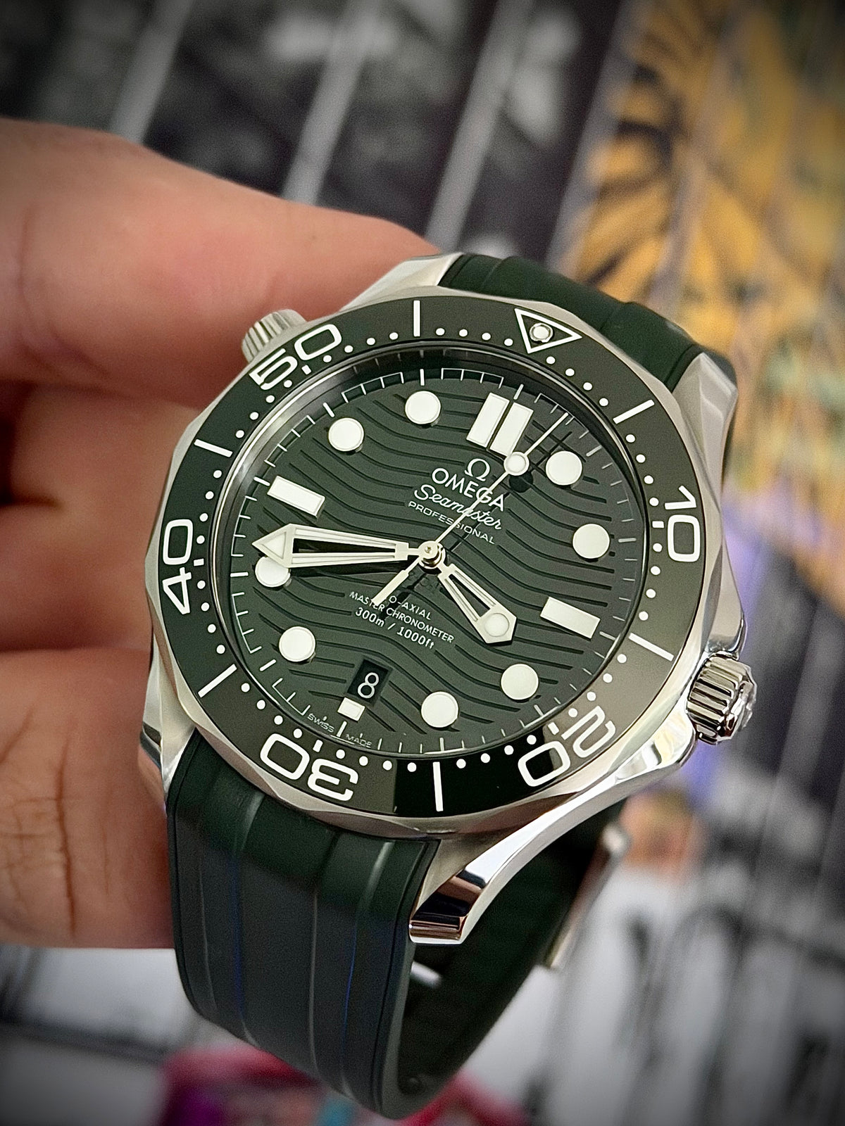 2023 OMEGA SEAMASTER DIVER 300M, 210.32.42.20.10.001, GREEN DIAL, RUBBER STRAP, BOX AND CARDS, INC GST