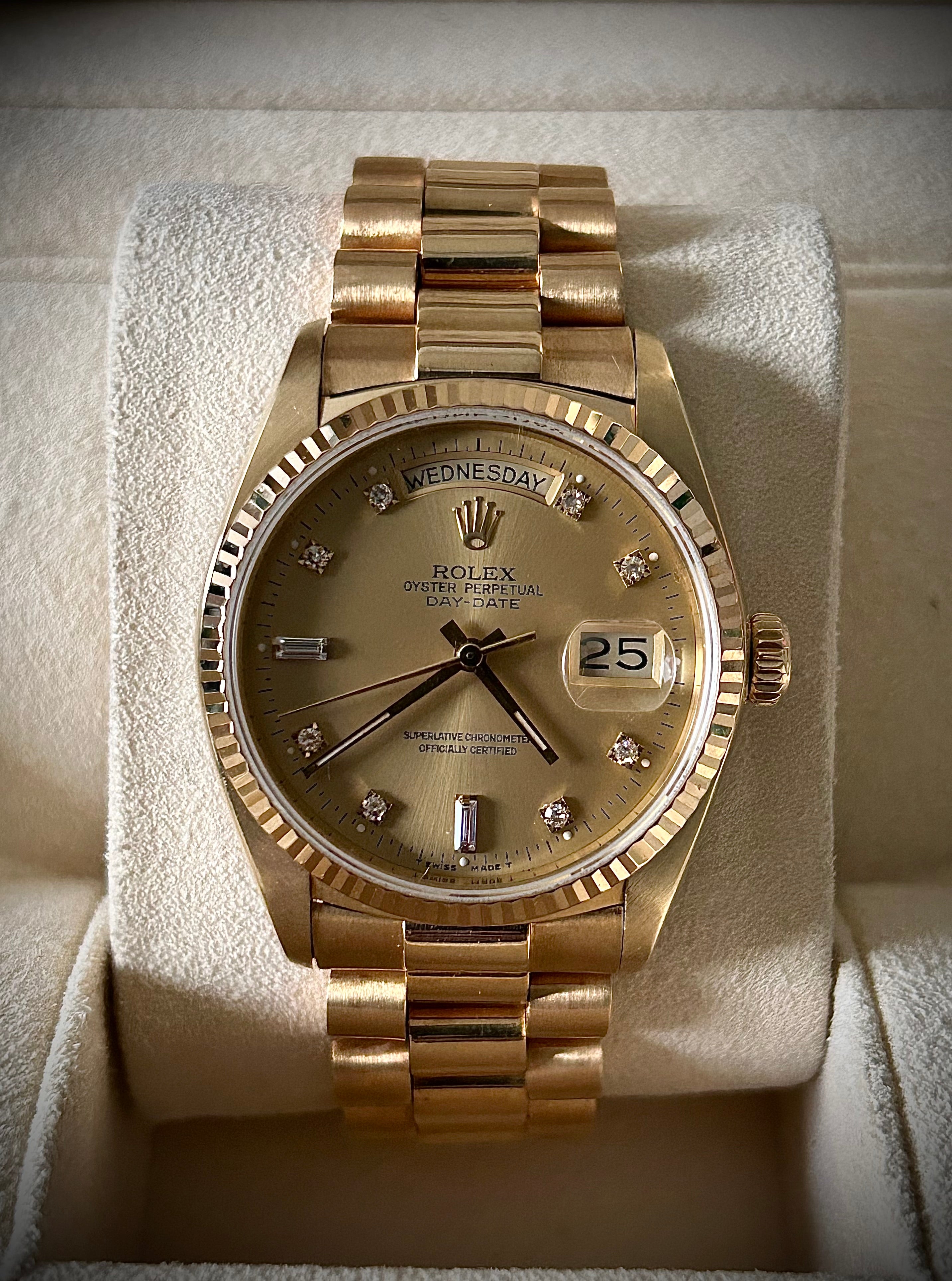 1990 ROLEX DAY-DATE, 18038, DIAMOND DIAL, WATCH ONLY, GST