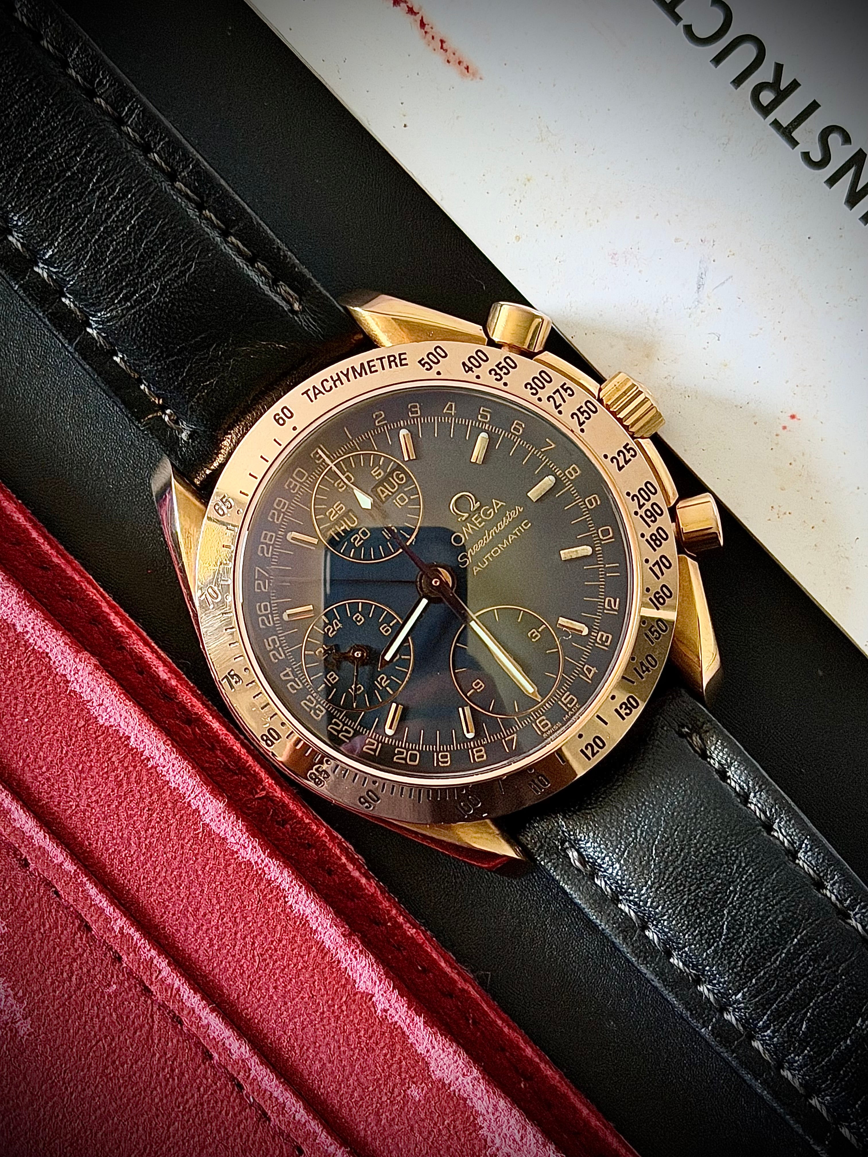 1999 OMEGA SPEEDMASTER DAY-DATE, 3623.50.01, 18CT ROSE GOLD, FULL SET, INC GST